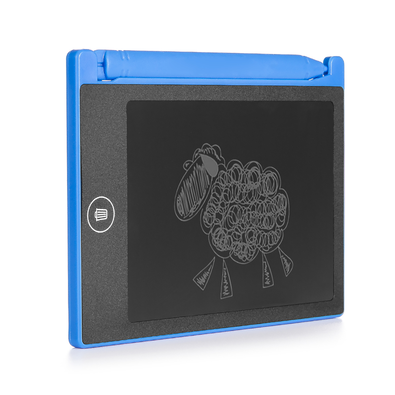 Tavoletta grafica blu con un disegno di pecora sullo schermo. Sfondo bianco.