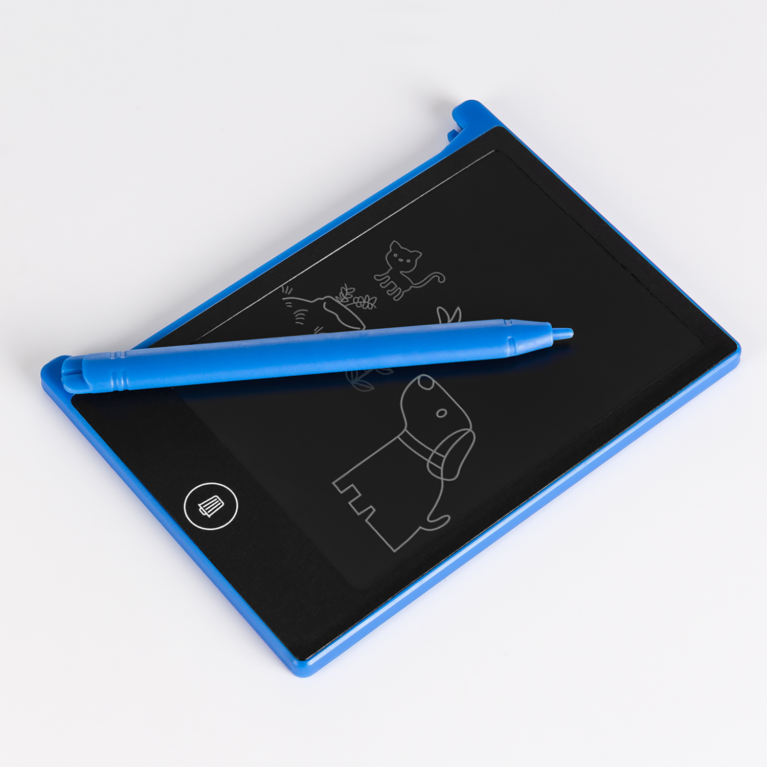 Tavoletta da disegno elettronica blu con disegni di un gatto, un cane e testo. Pennino blu incluso.