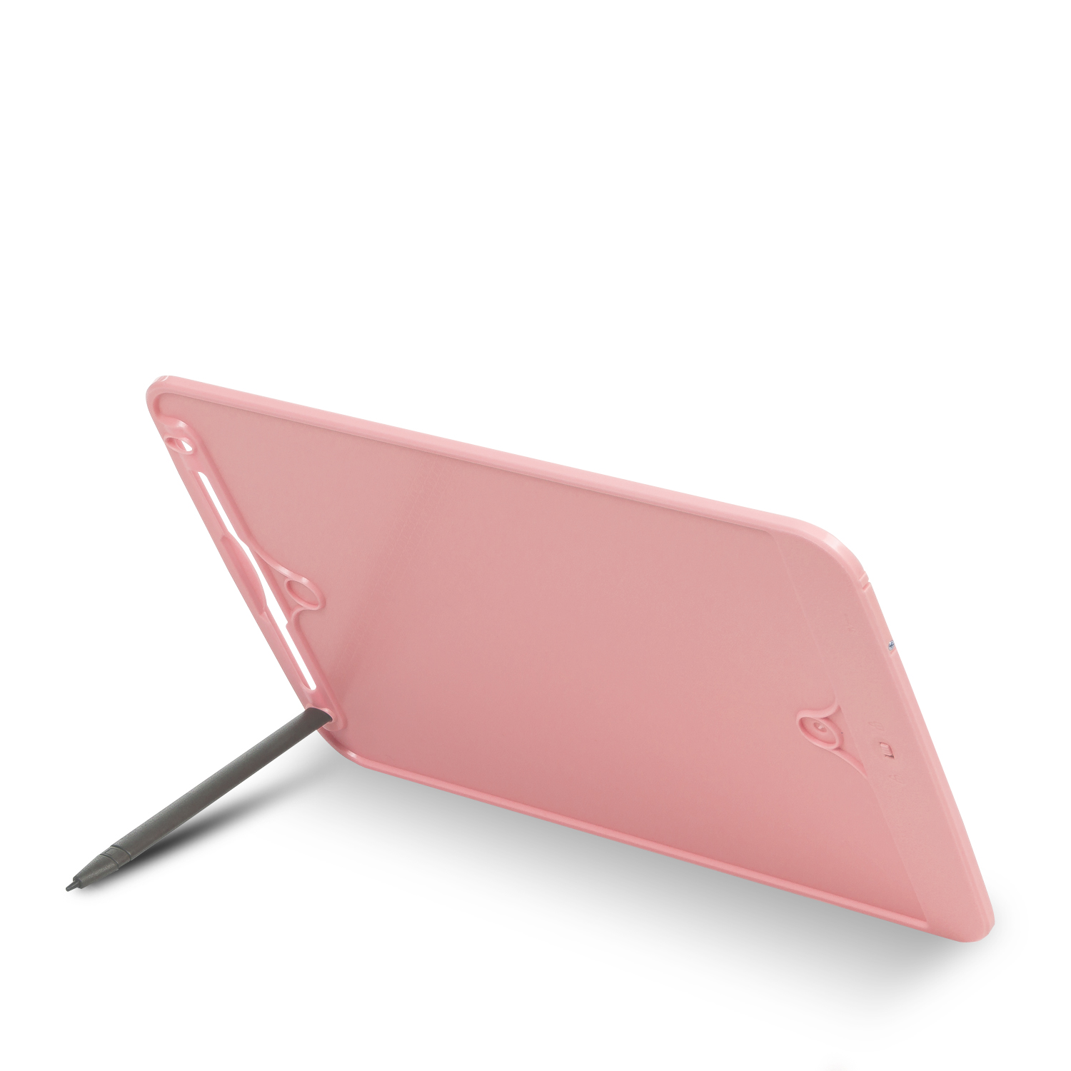 Una custodia rosa per tablet con supporto e stilo, su sfondo bianco.