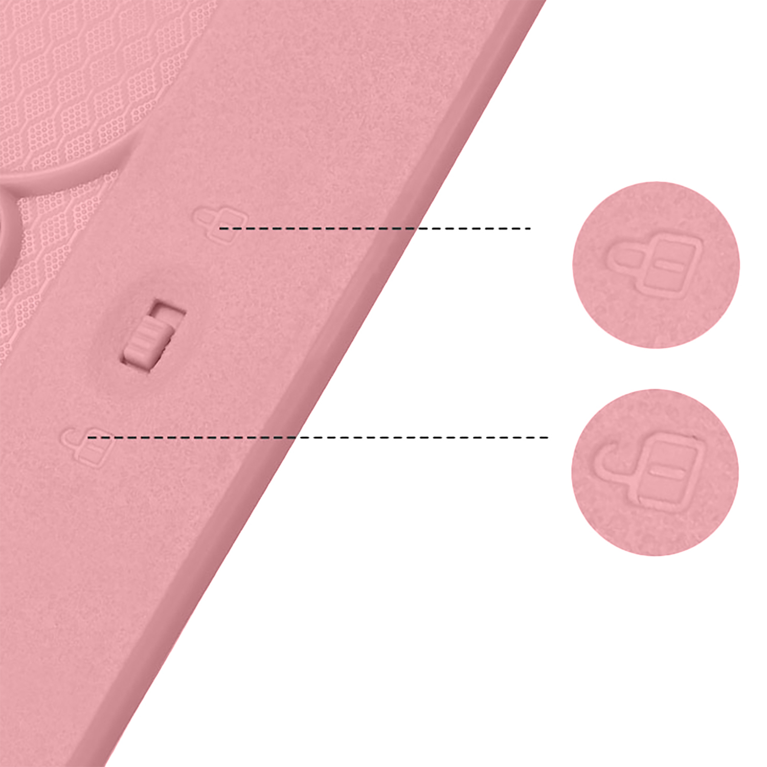 Una superficie rosa presenta tre piccole forme circolari incassate con icone di lucchetto e due serie di linee tratteggiate.