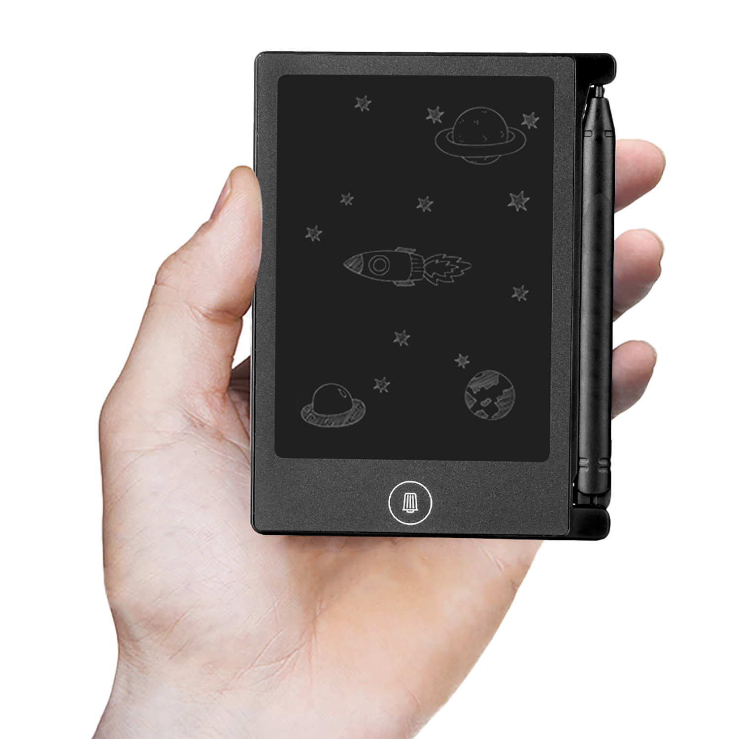 Mano che tiene un tablet nero con stilo, che mostra scarabocchi spaziali.