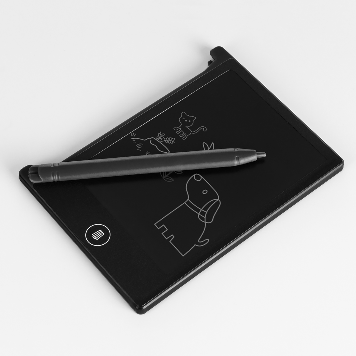 Tavoletta da disegno digitale nera con stilo e disegni semplici di cane e gatto.