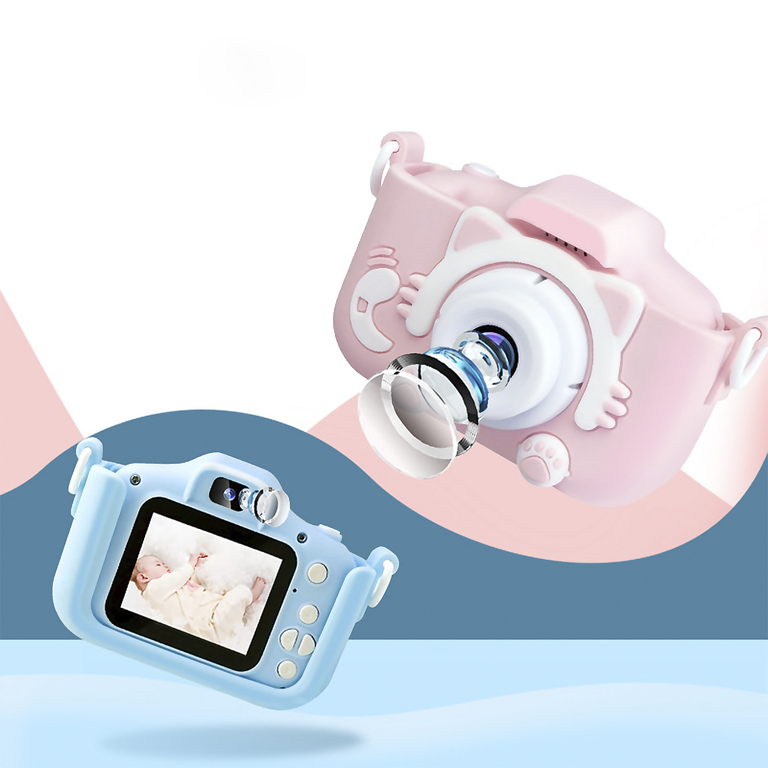 Zwei Spielzeugkameras, rosa und blau. Die rosa Kamera ist scharf, die blaue hat ein Display.