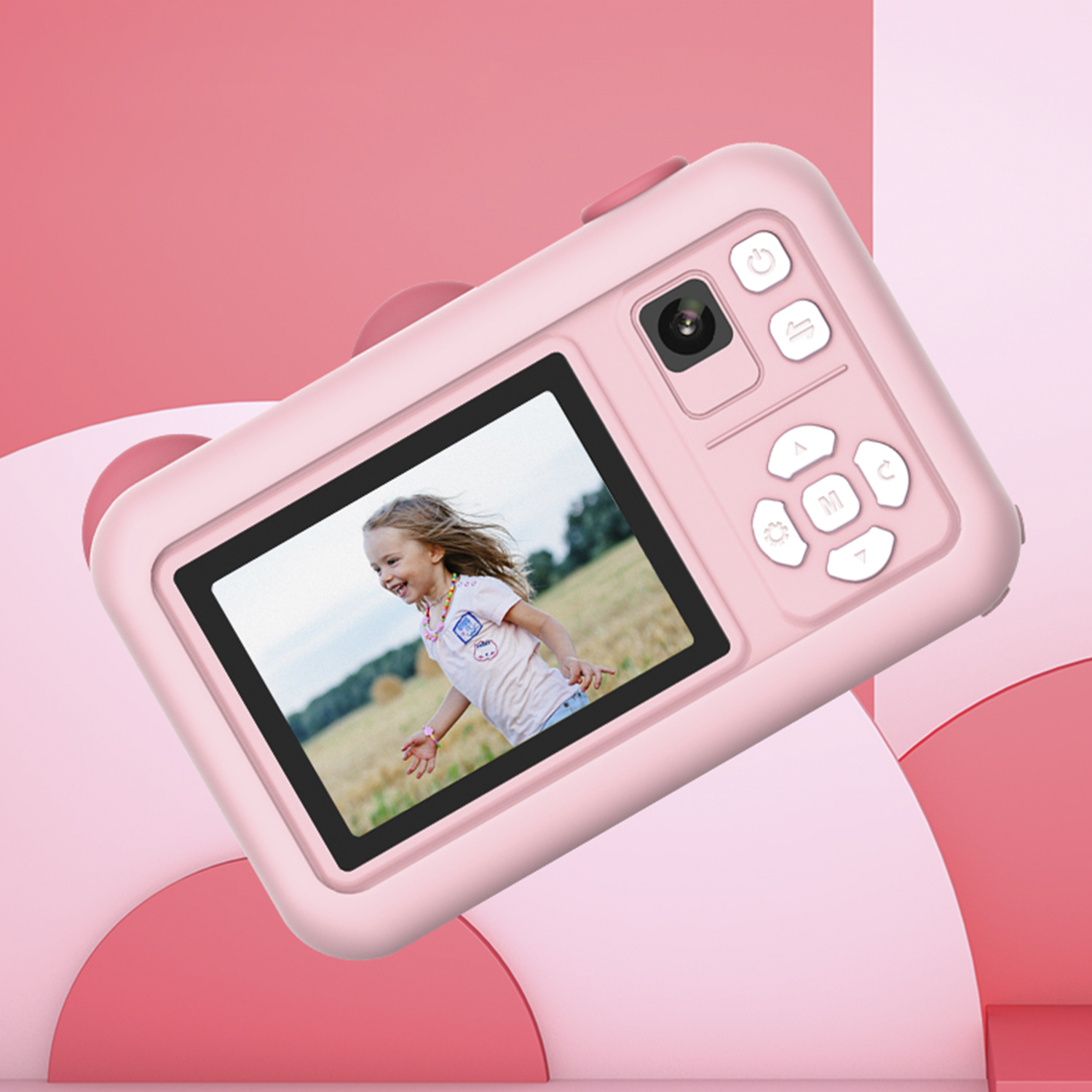 Fotocamera rosa per bambini con un'immagine sullo schermo di una bambina che corre.