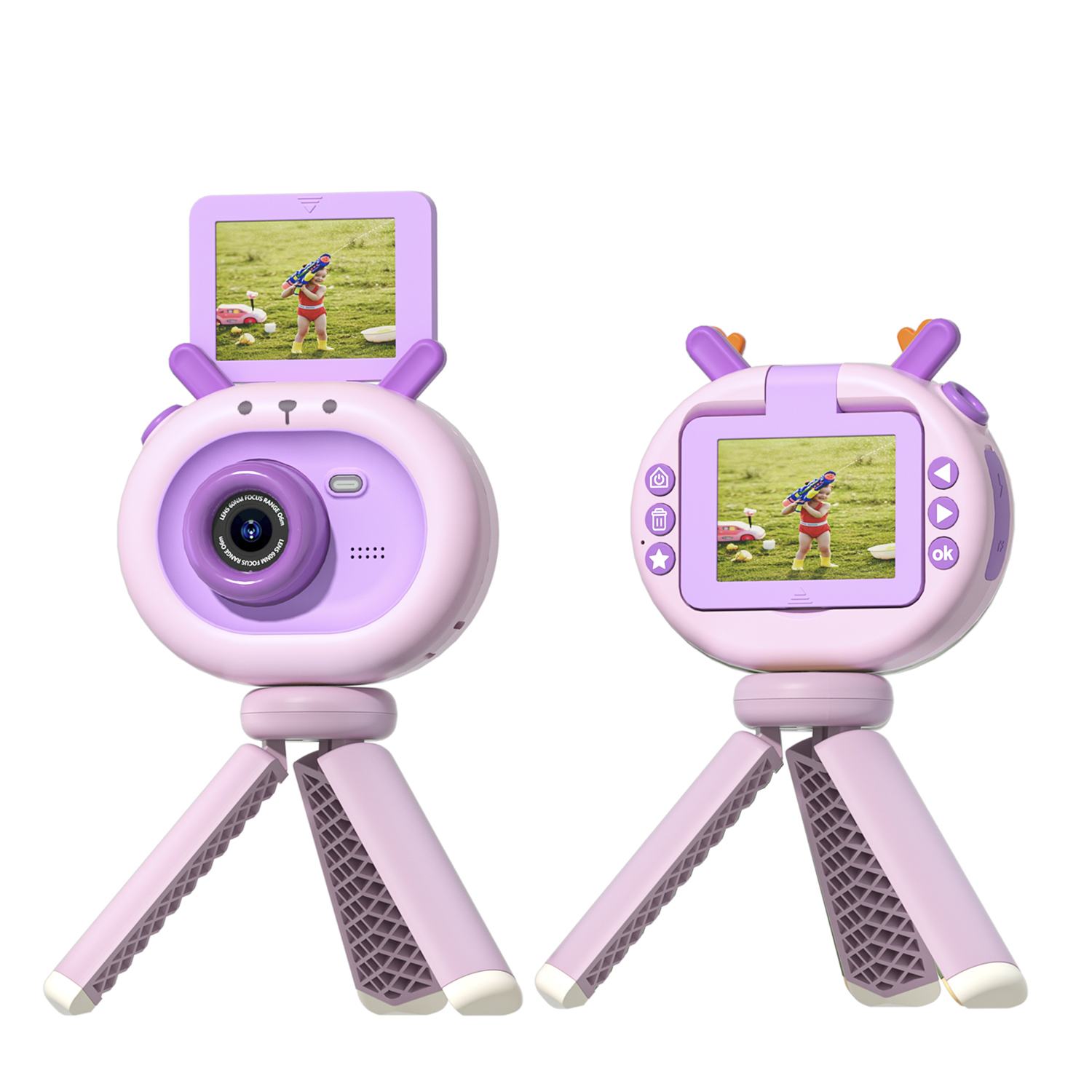 Zwei rosa Kinderkameras mit Cartoon-Design, je auf einem Stativ, mit Bildschirmen.
