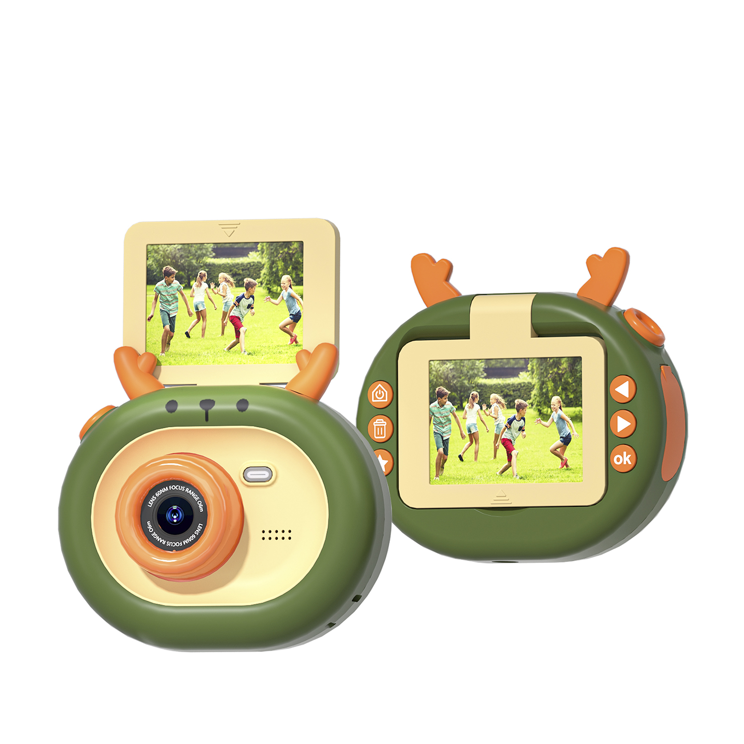 Fotocamera verde con due schermi che mostrano immagini di bambini. Due corna arancioni sono attaccate.