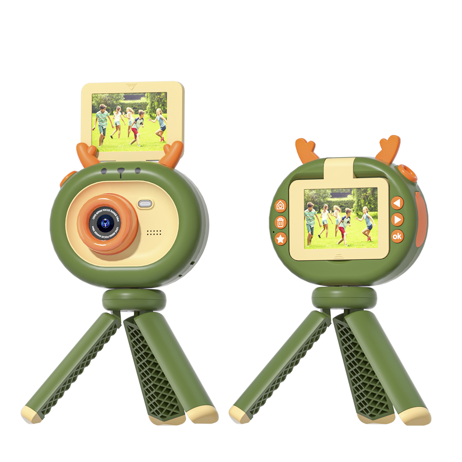 Due fotocamere giocattolo verdi e arancioni su treppiedi, con bambini che giocano sullo schermo.