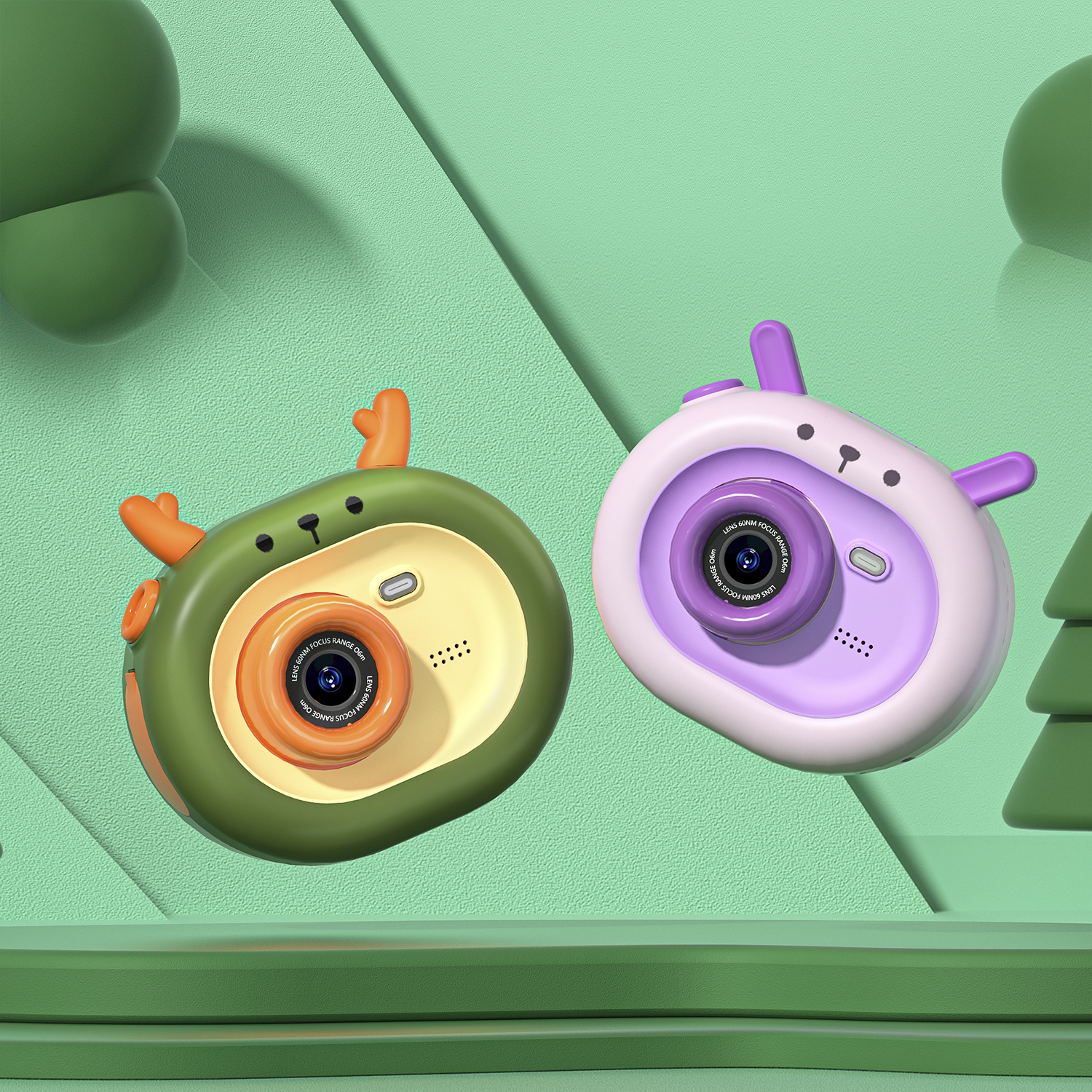 Due fotocamere giocattolo, verdi e viola, con facce di cervo dei cartoni animati.