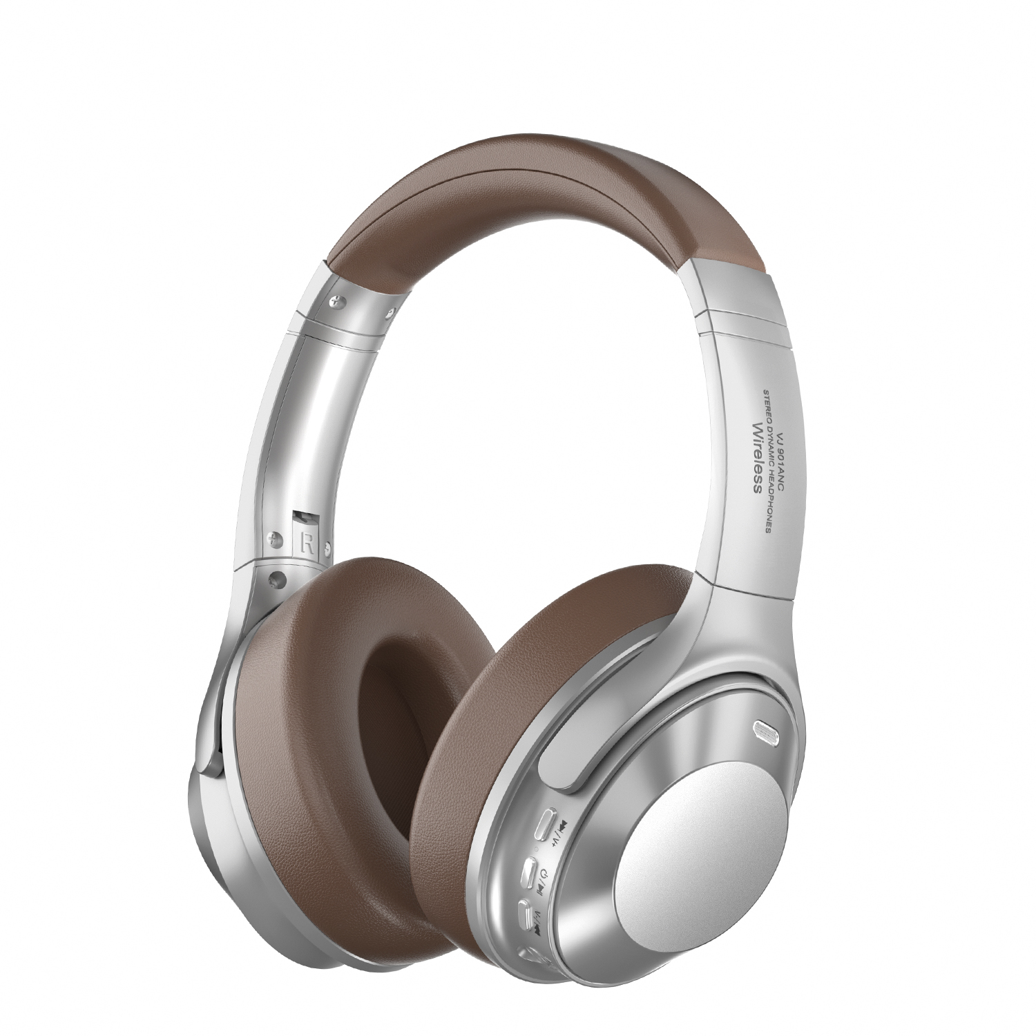 Cuffie argento e marroni su sfondo bianco. Le cuffie sono wireless.