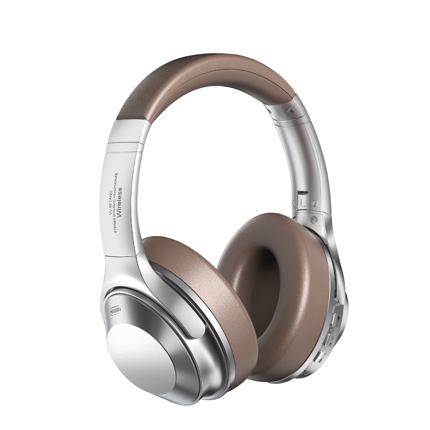 Cuffie argento e marroni con logo wireless, isolate su bianco.