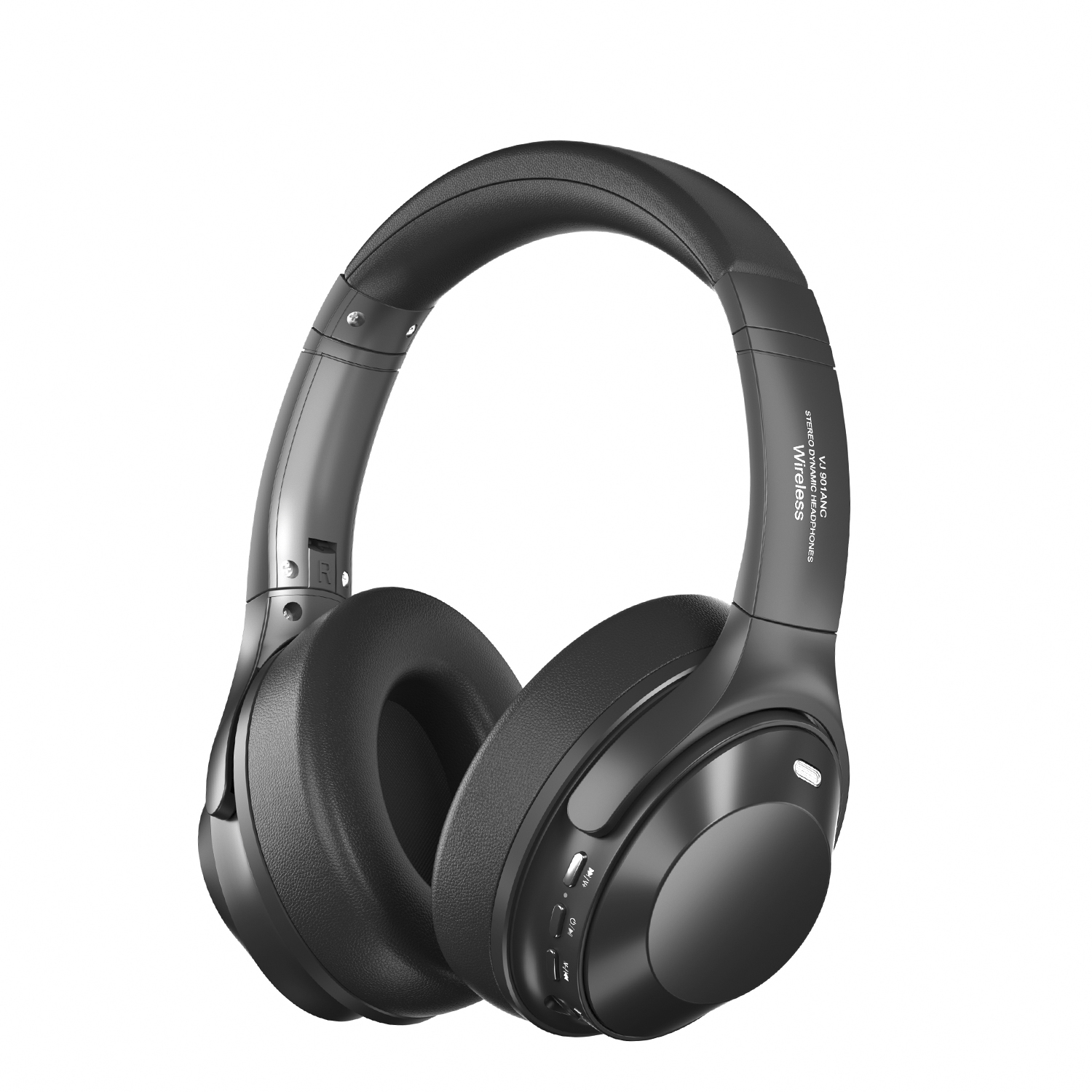 Cuffie wireless nere, stile over-ear, su sfondo bianco.
