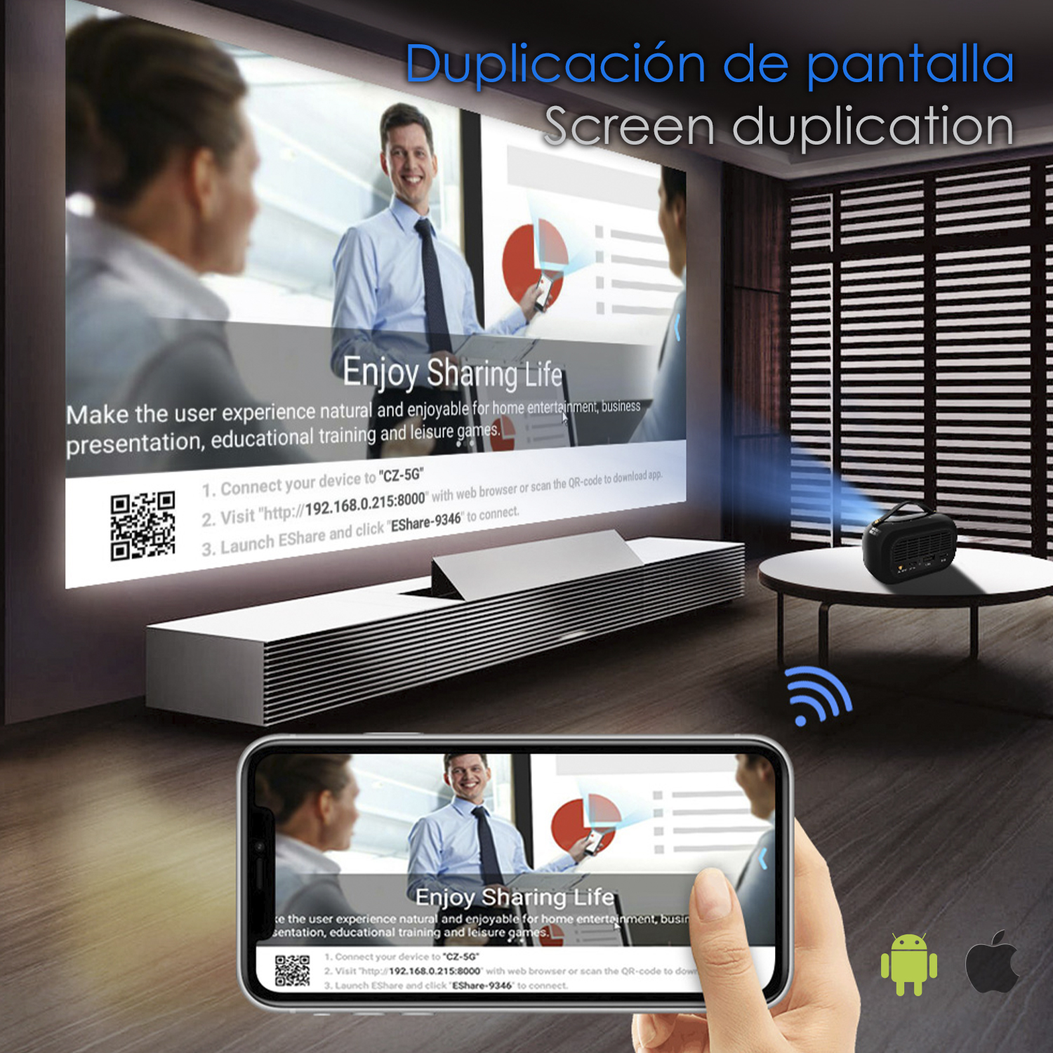 Una configuración de duplicación de pantalla con un proyector y un teléfono que muestra el mismo contenido.