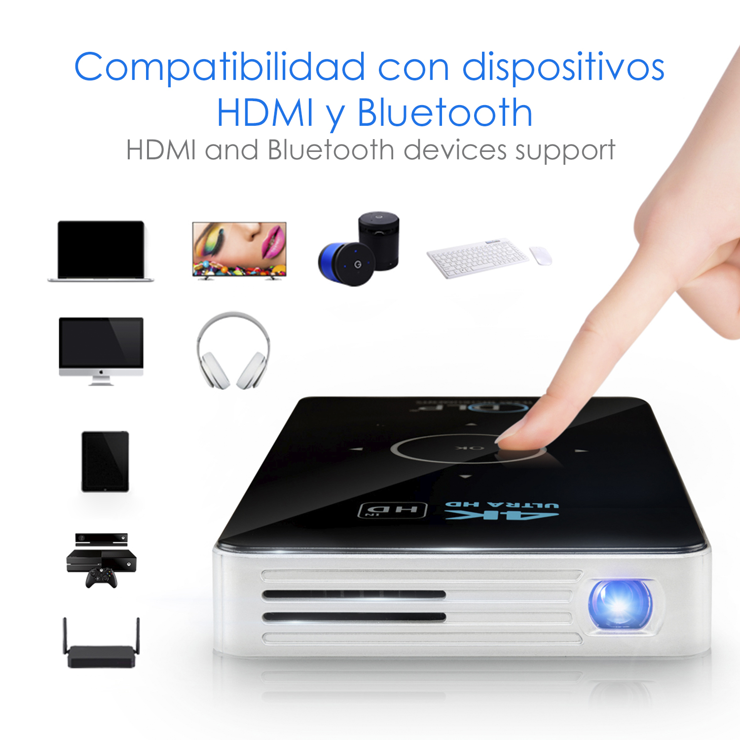 Una mano toca una pantalla de proyector negra. Iconos de dispositivos a la izquierda. Texto arriba: HDMI y Bluetooth.