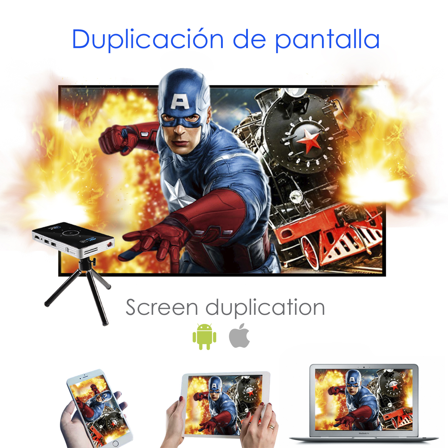 Escena mostrando duplicación de pantalla con Capitán América e imagen de tren.