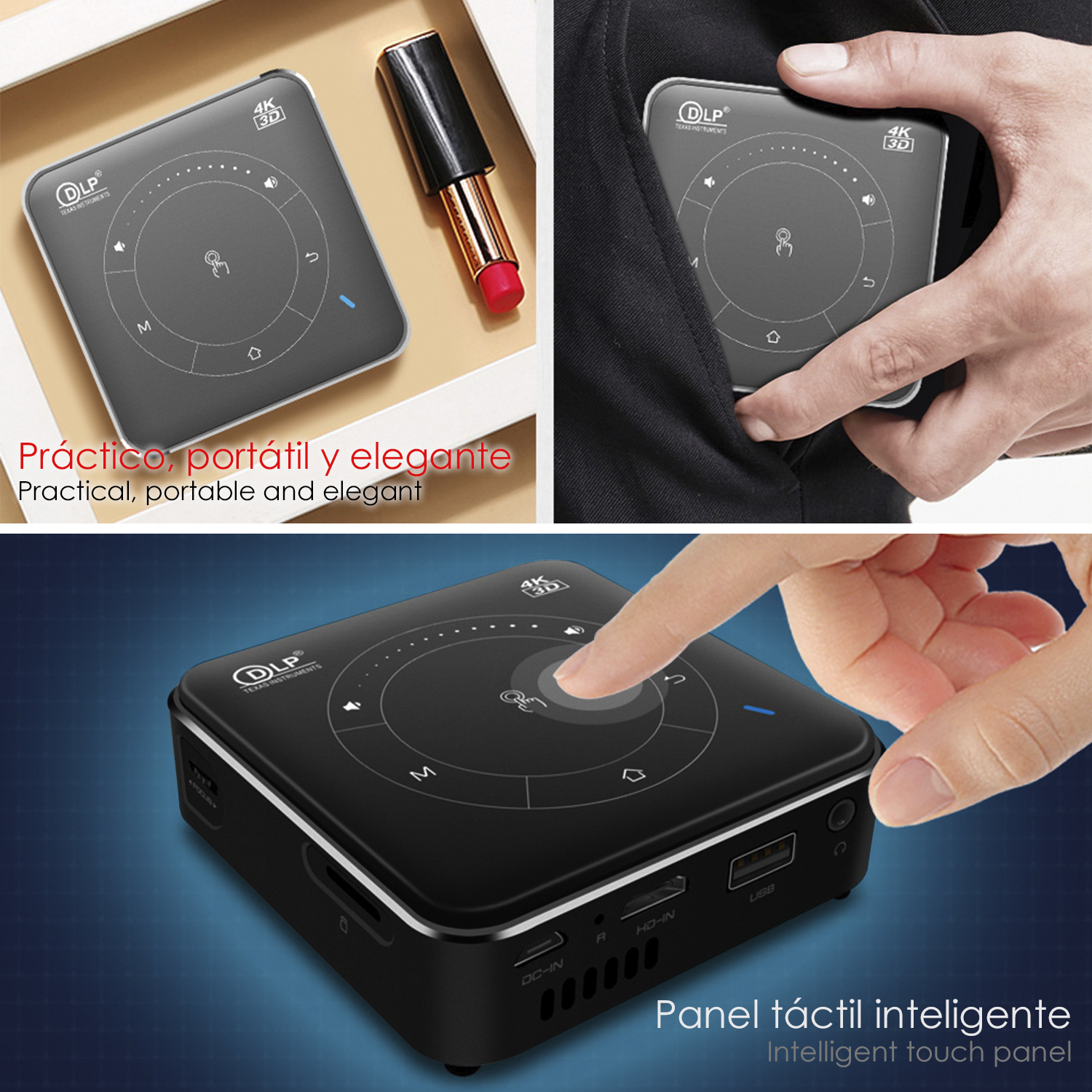 Un proiettore nero con una persona che tocca il pannello touch, accanto a un rossetto.