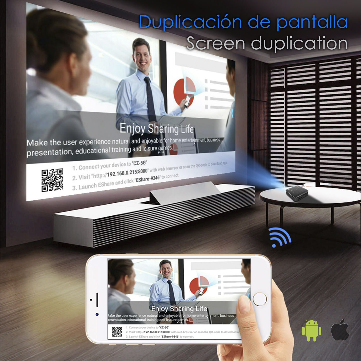 Configurazione di duplicazione dello schermo. Lo schermo del proiettore mostra una presentazione. Telefono e dispositivo sul tavolo.