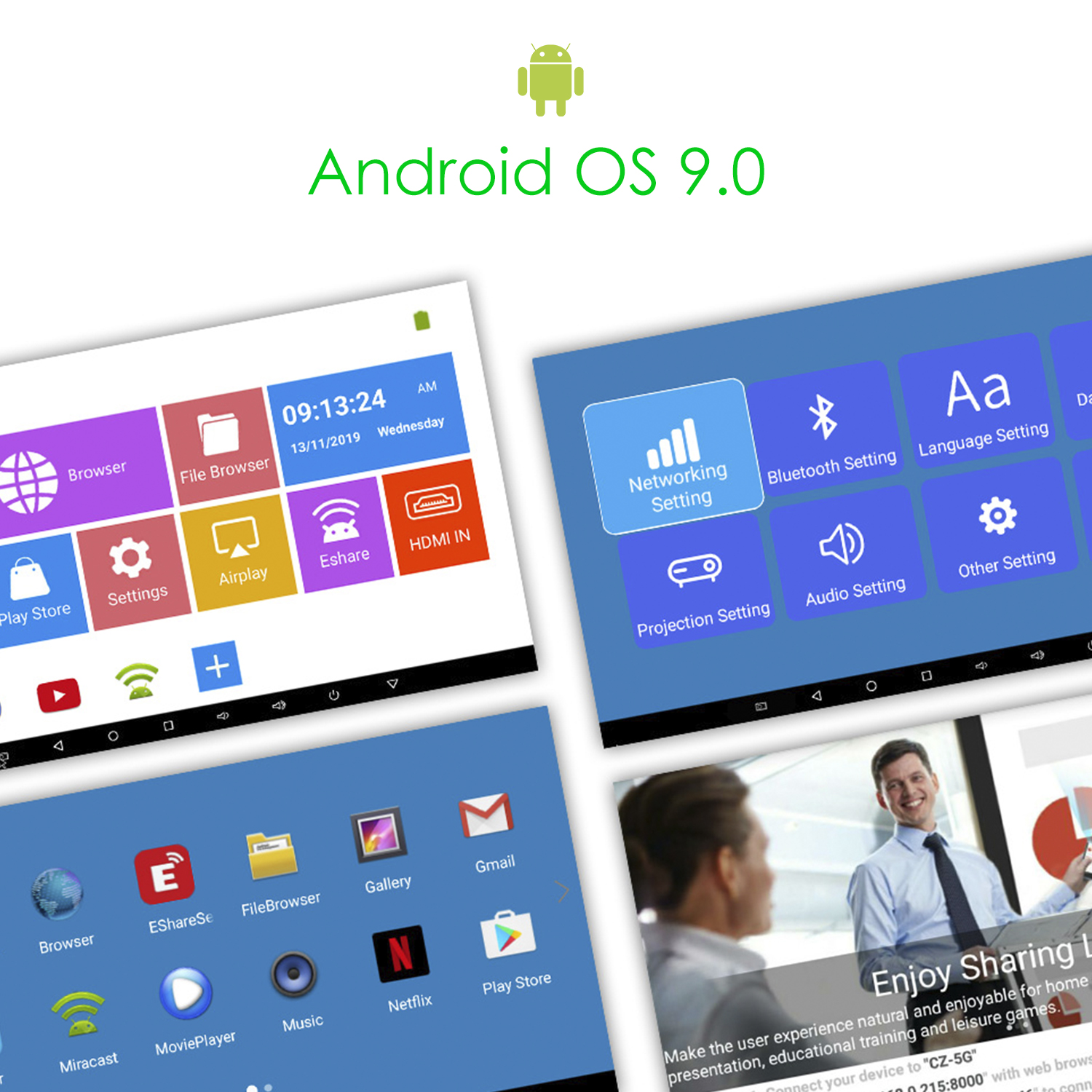 Interfaccia Android OS 9.0 con icone delle app. Vengono mostrate diverse schermate.