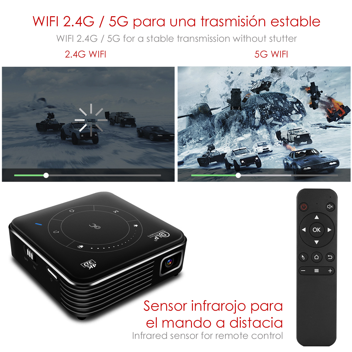 Un proiettore nero e telecomando con immagini di auto e una scena innevata.