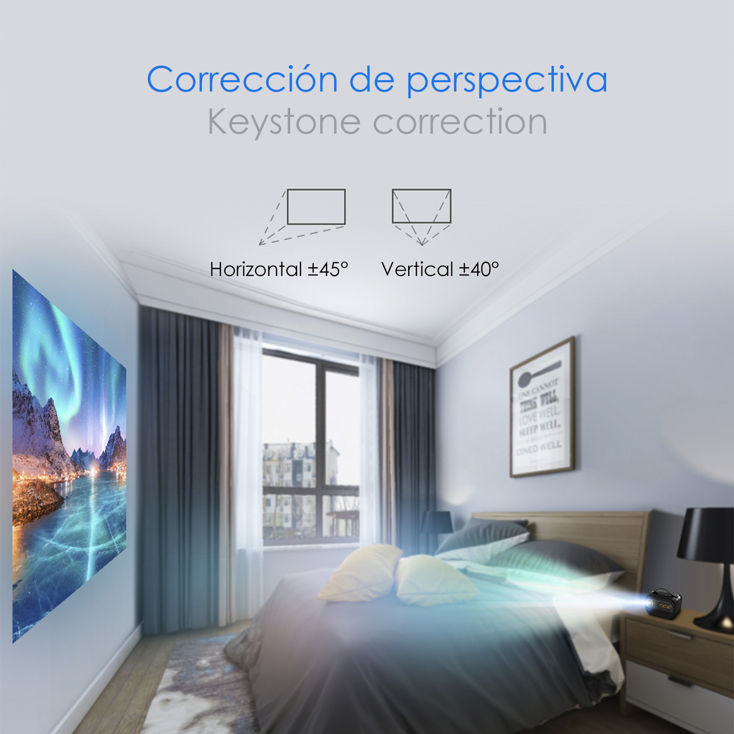 Un dormitorio con una imagen proyectada en la pared. Gráfico de corrección trapezoidal. Cama, ventana y lámpara.