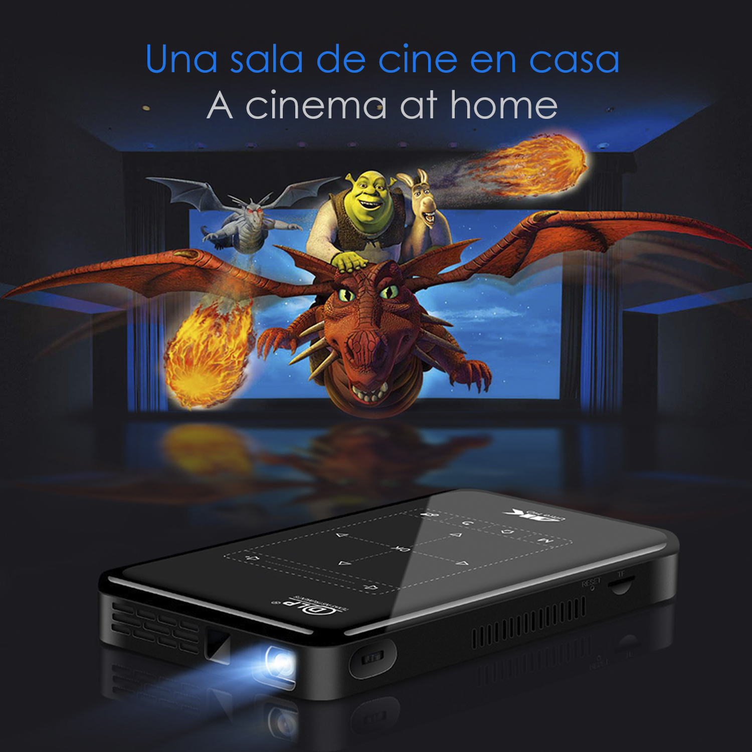 Un proiettore nero che proietta una scena di 'Shrek' con un drago e testo del film.