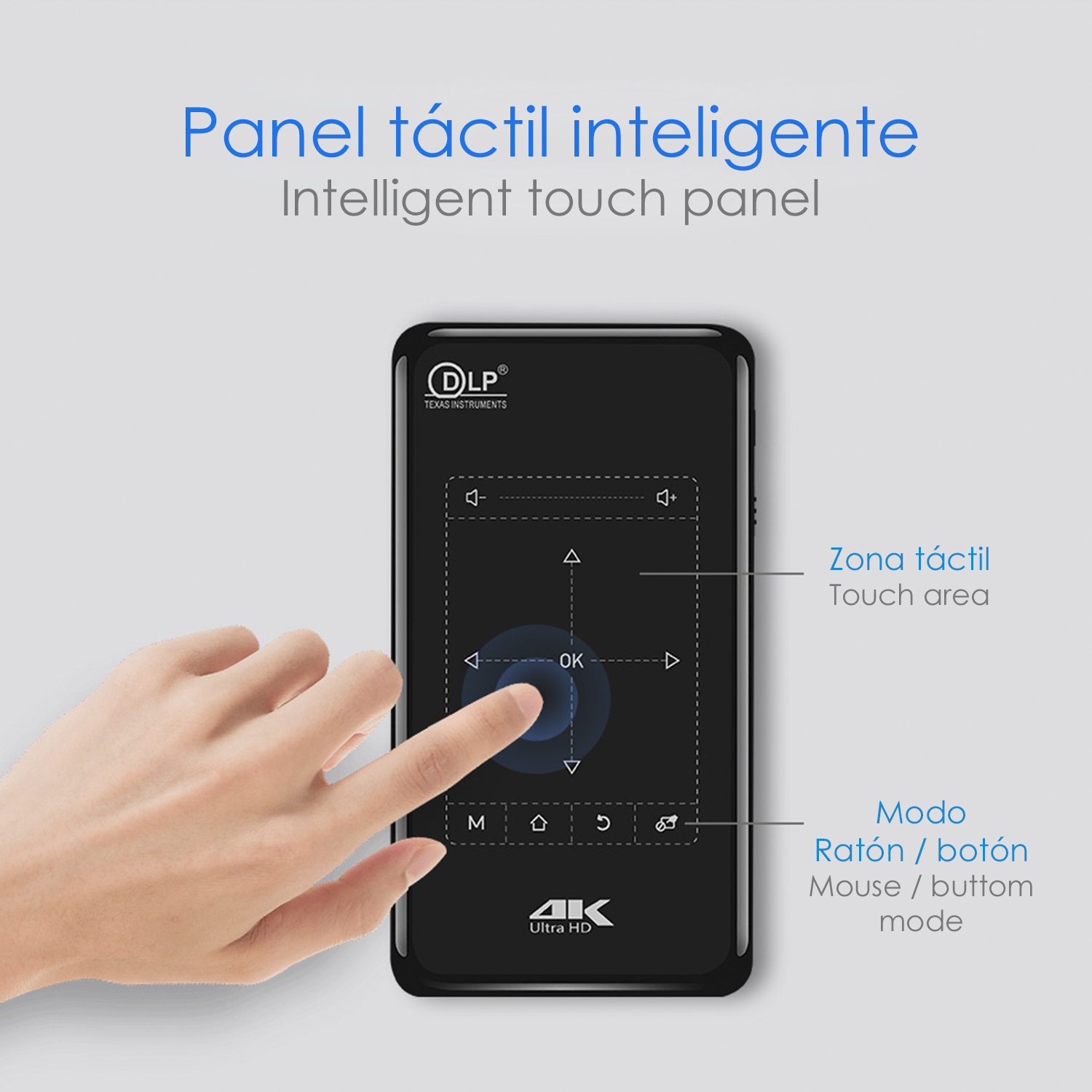 Mano che tocca un dispositivo nero con un pannello touch. Testo in spagnolo sul pannello touch visibile.