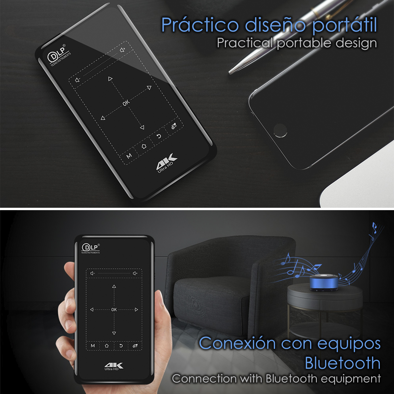 Un telecomando per proiettore con un design portatile pratico e un altoparlante Bluetooth.