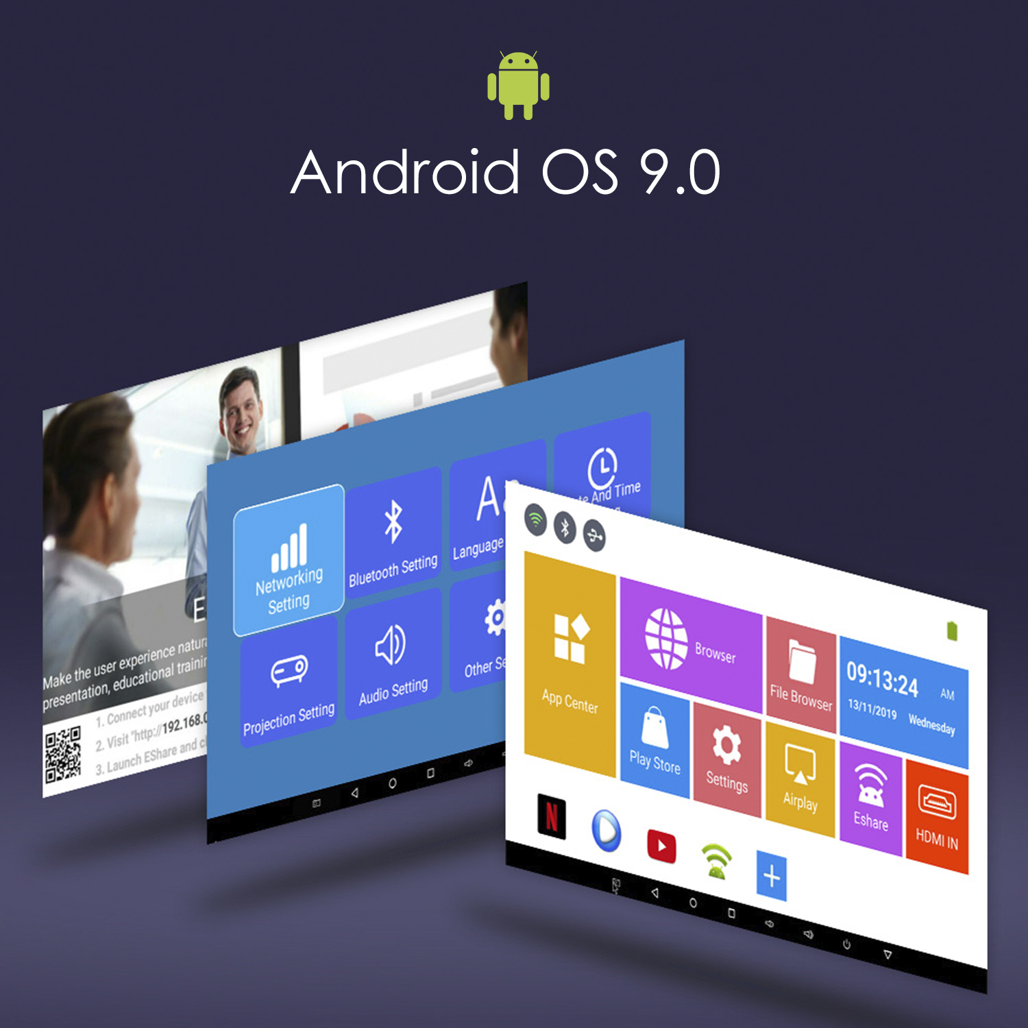 Interfaccia Android OS 9.0 con più icone di app visualizzate su tre schermi, con un uomo sullo sfondo.