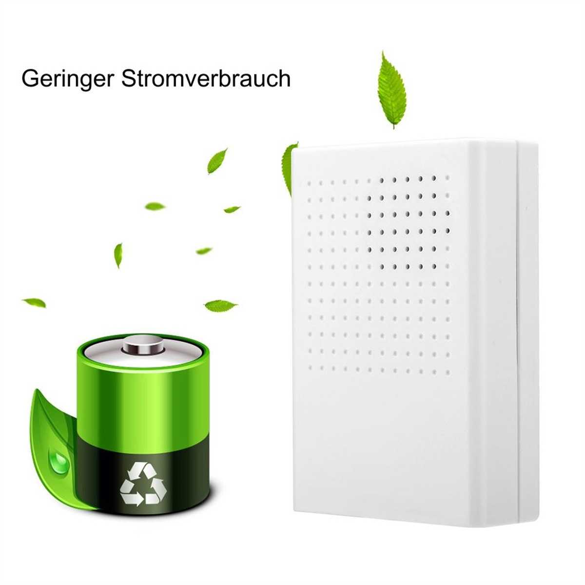Eine grüne Batterie und ein weißes Gerät befinden sich auf einer Oberfläche mit grünen Blättern.
