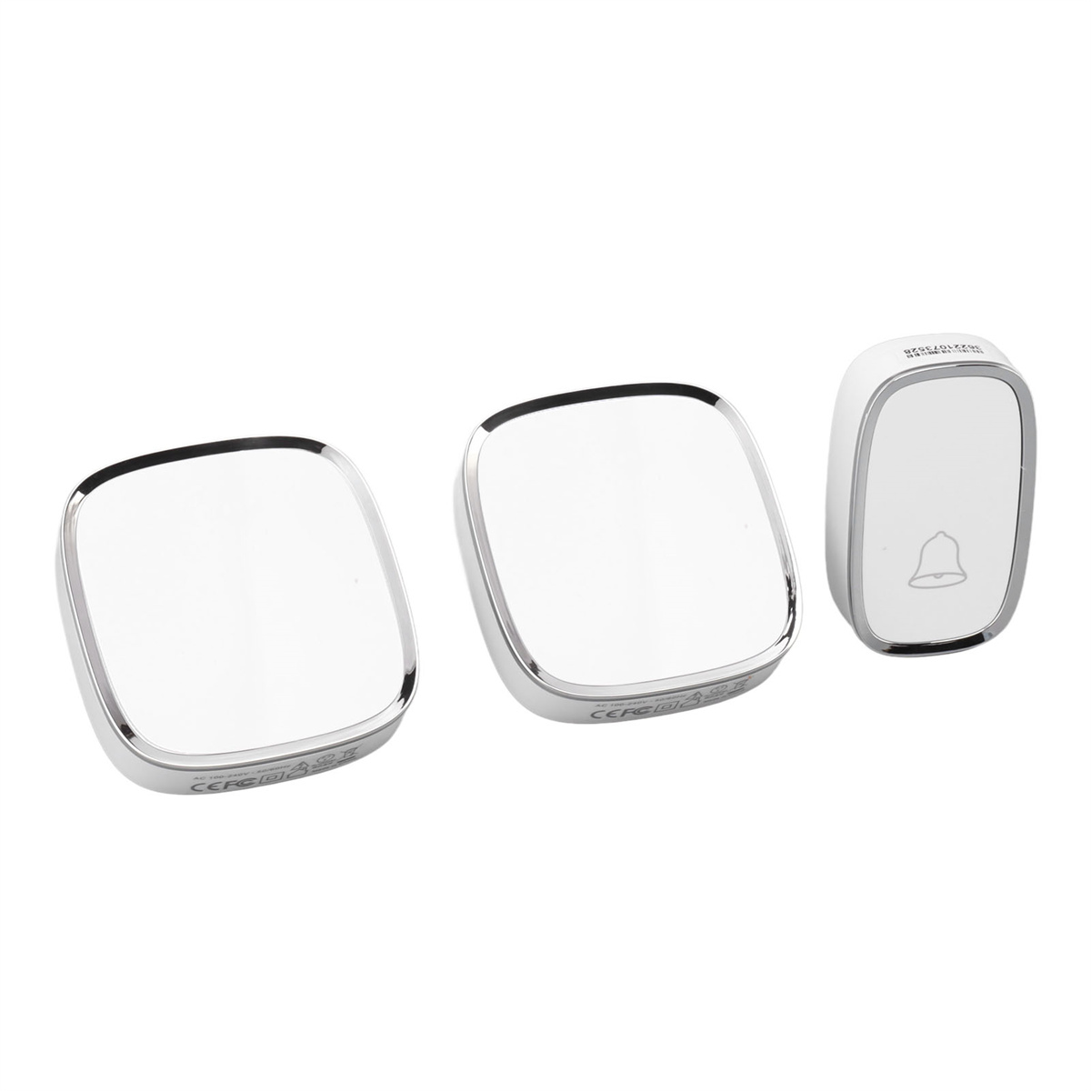 Drei weiße, quadratische Smart-Home-Geräte mit silbernen Zierleisten. Eines hat ein Glockensymbol.