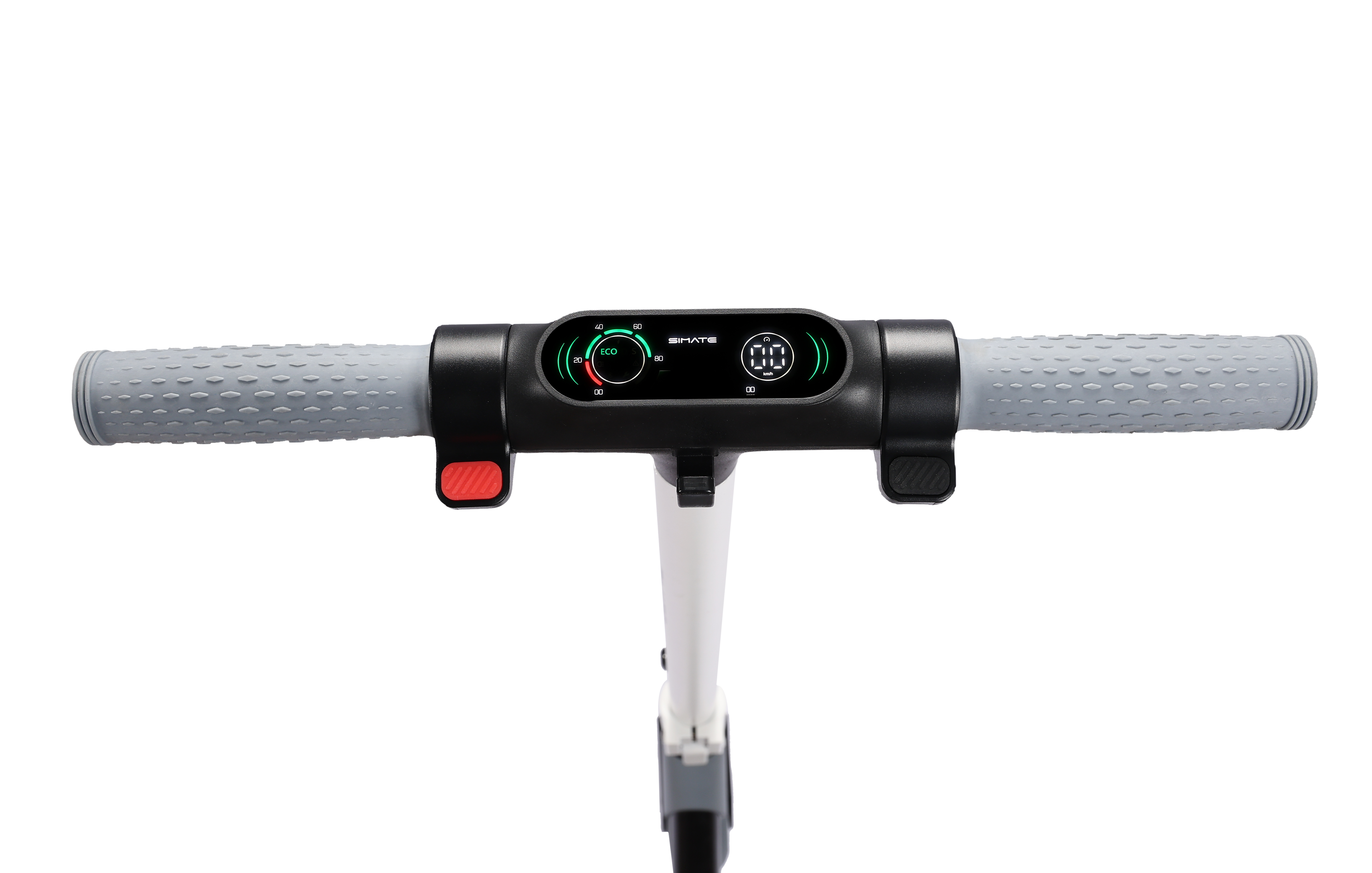 Zbliżenie kierownicy skutera z wyświetlaczem, szarymi uchwytami i czerwonym przyciskiem.