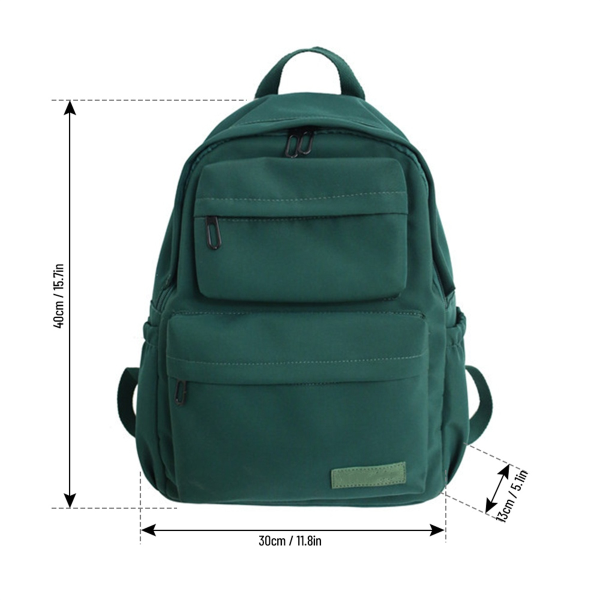 Grüner Rucksack mit mehreren Taschen. Abmessungen: 40x30x13 cm.