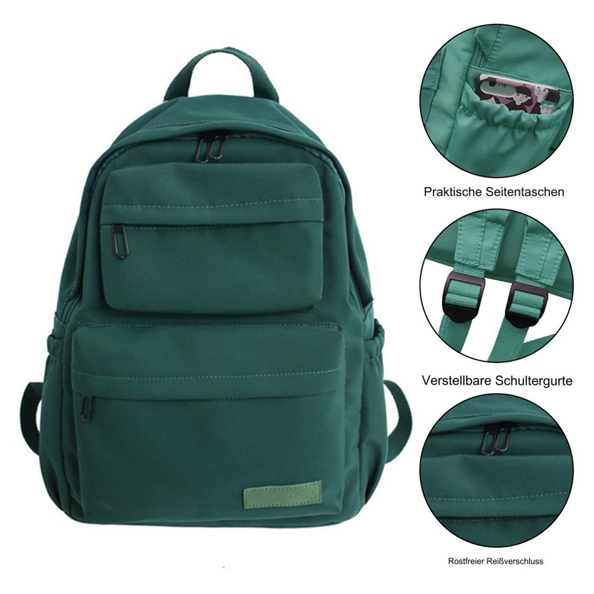 Grüner Rucksack mit mehreren Taschen, Details der Taschen, verstellbaren Trägern und Reißverschluss.