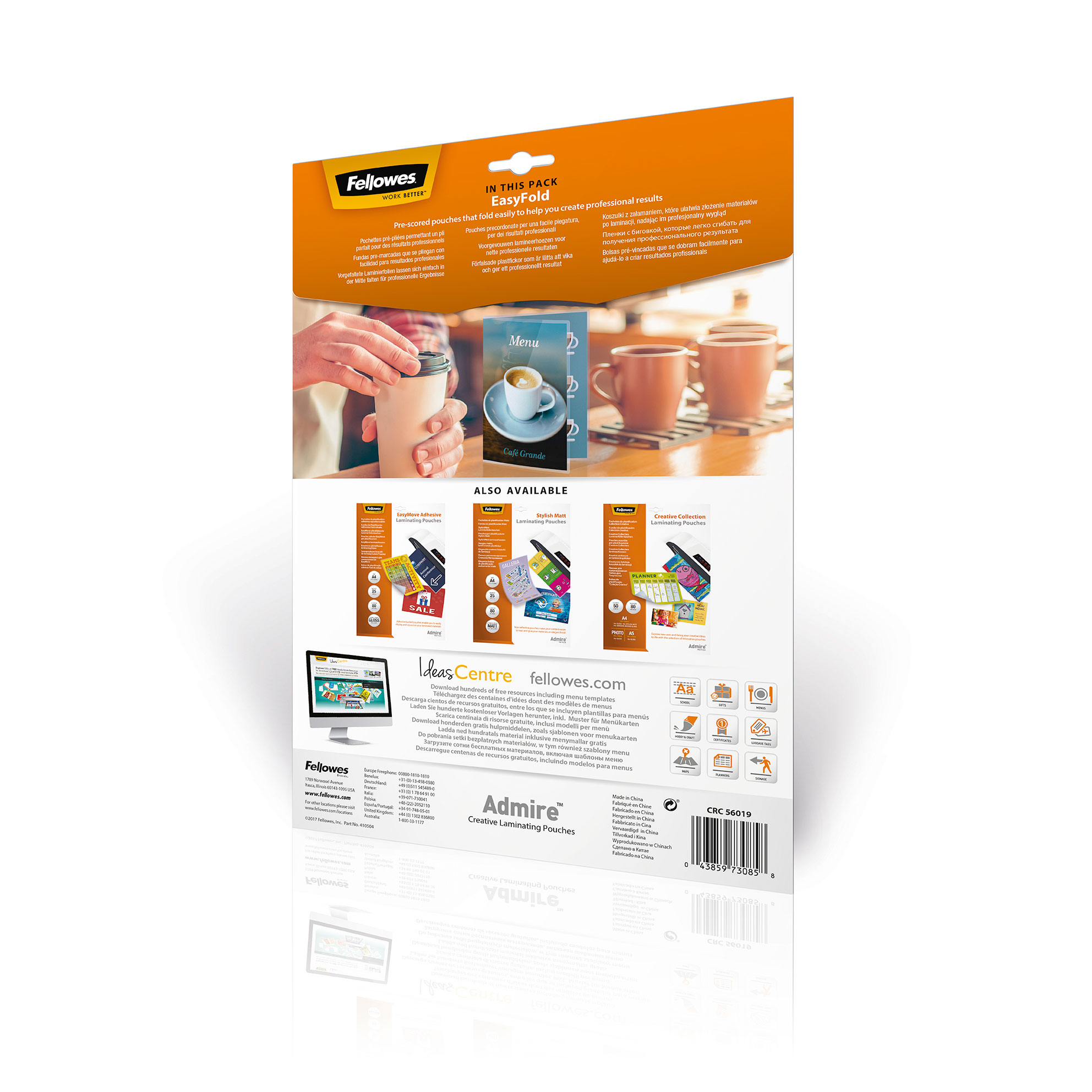 Rückseite einer Produktverpackung mit Bildern von Kaffeetassen, einem Menü und weiteren Optionen.