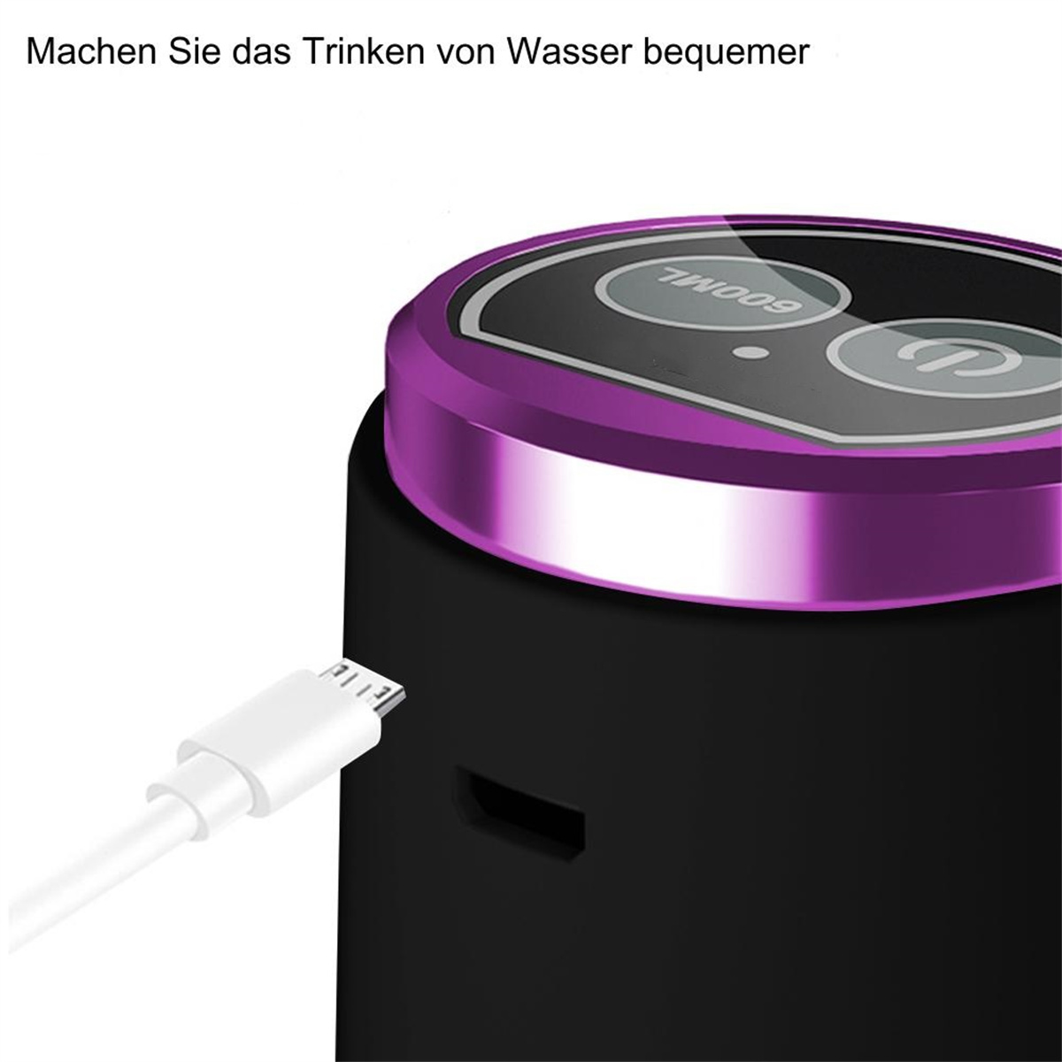Eine schwarze und lila Wasserflasche, die mit einem weißen Kabel aufgeladen wird.