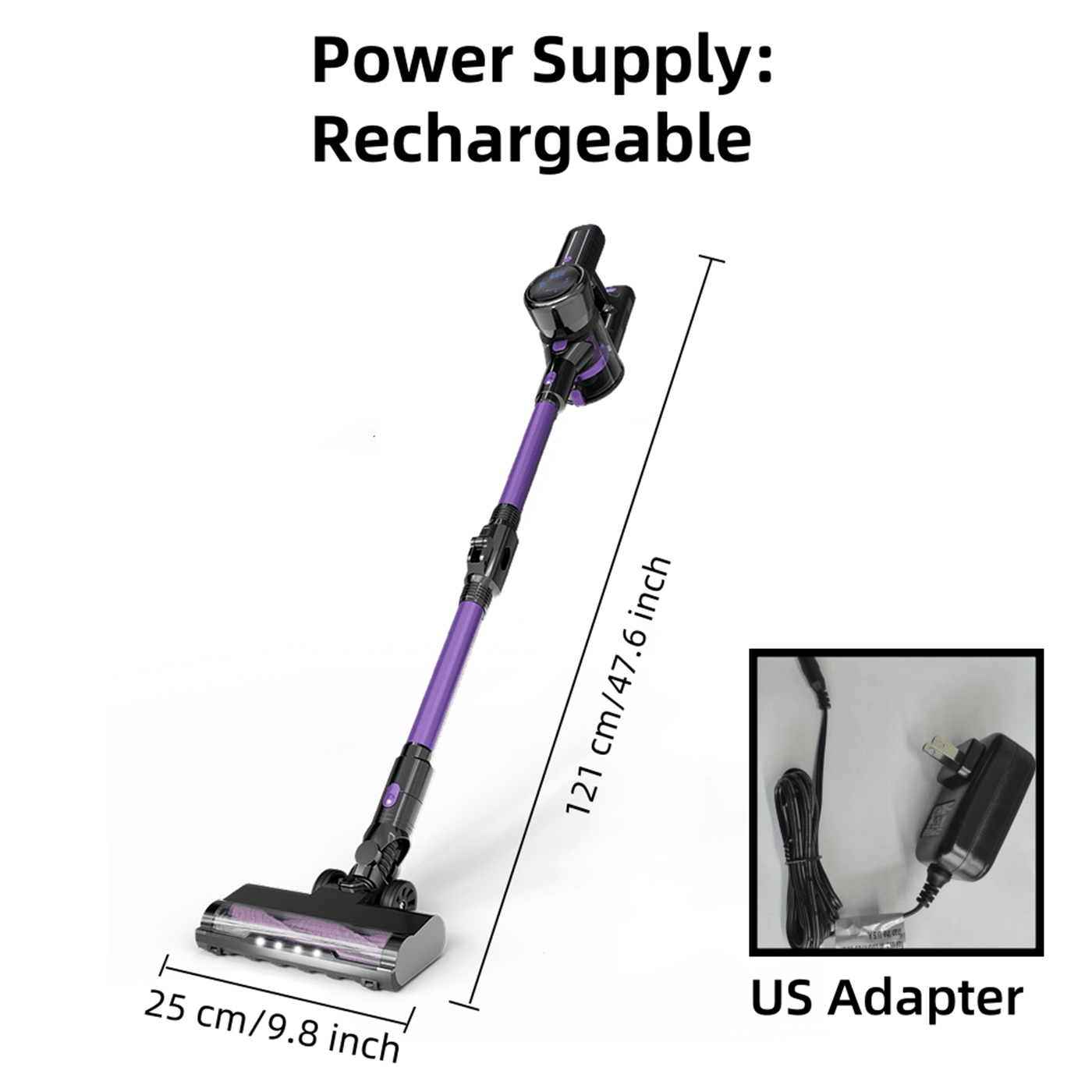 Ein lila-schwarzer kabelloser Staubsauger mit Maßen und einem US-Adapter.