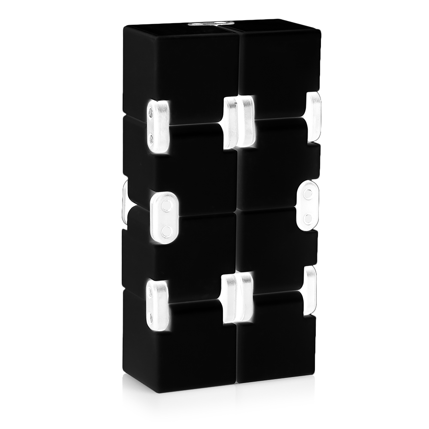 Un juguete fidget en forma de cubo negro con piezas de conexión blancas, visto desde el frente y lateral.