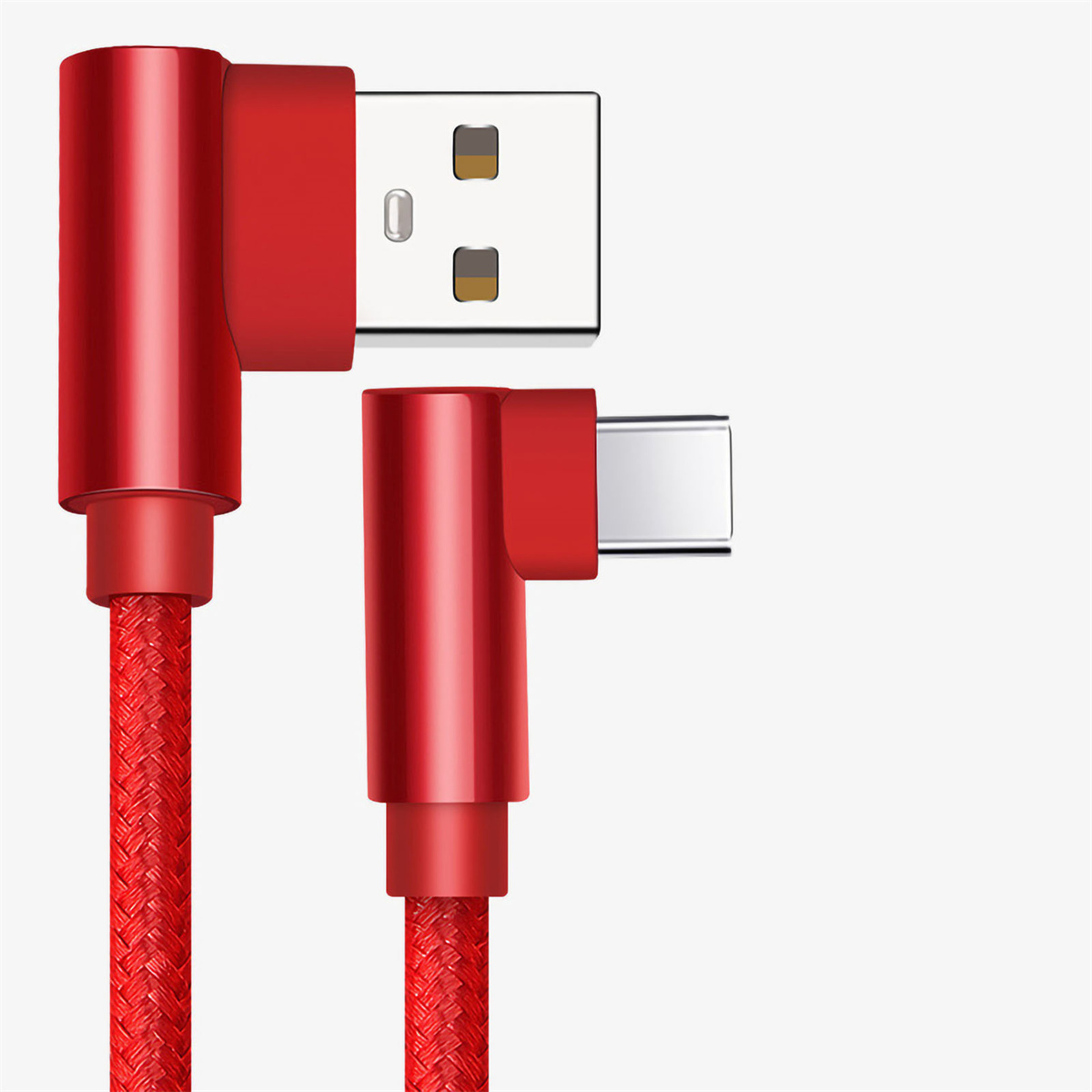 Rotes USB-A-zu-USB-C-Kabel. Beide Anschlüsse sind sichtbar. Rotes geflochtenes Kabel.