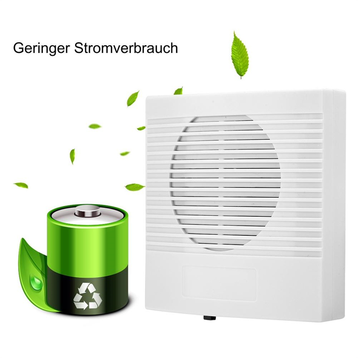Ein weißer Lautsprecher mit grüner Batterie, einem Blatt und grünen Blättern, die darum schweben, mit Text oben.