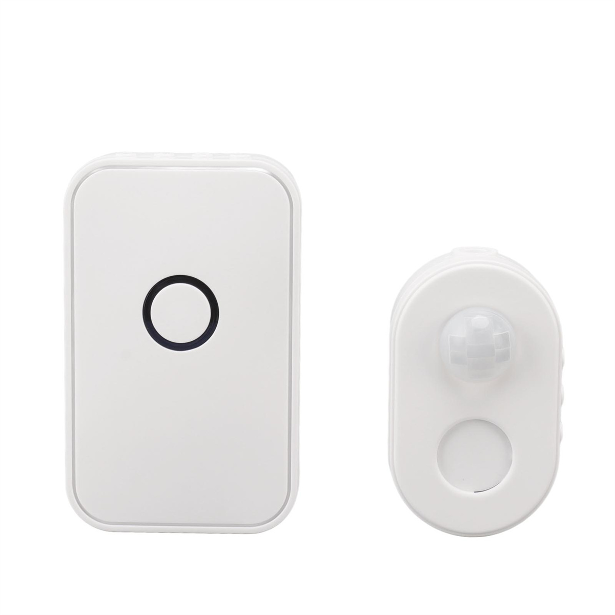 Zwei weiße elektronische Geräte. Eines rechteckig mit Kreis, das andere oval mit Sensor.