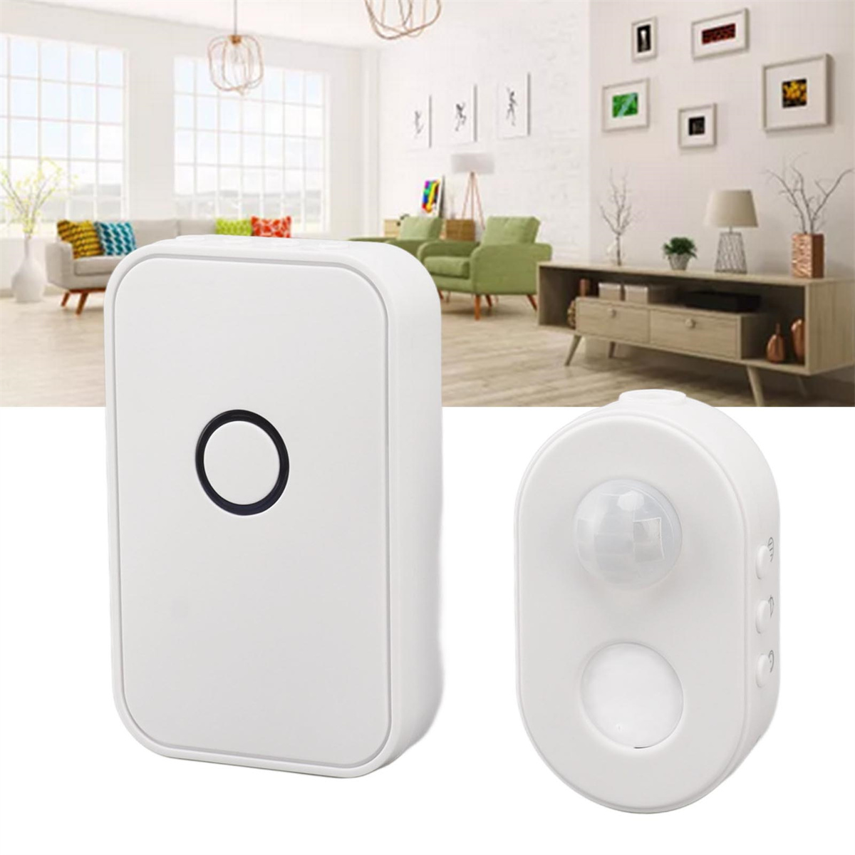 Weiße Smart-Home-Geräte. Eines hat einen Knopf und das andere einen Sensor. Die Szene ist ein Wohnzimmer.