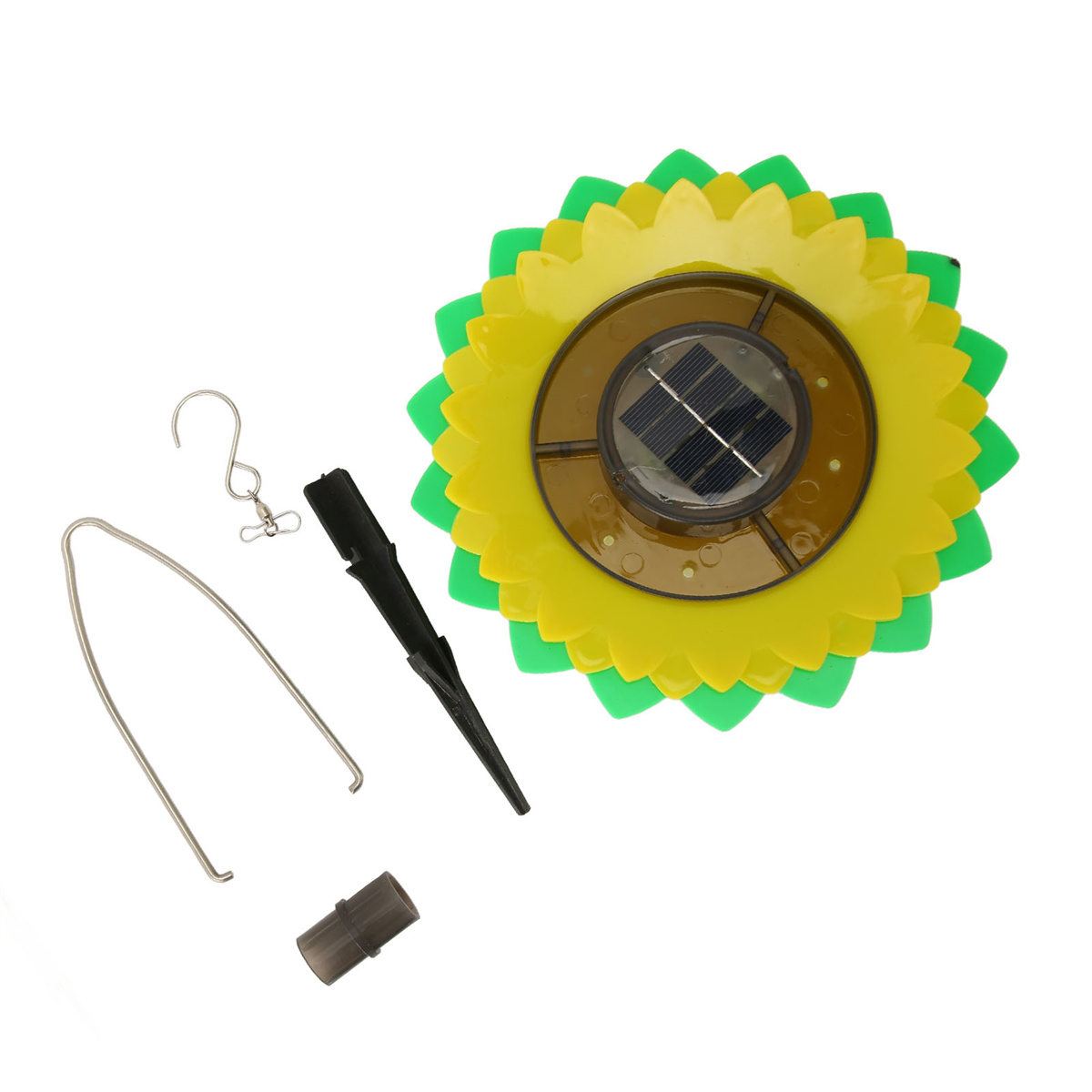 Eine zerlegte Solar-Sonnenblumenleuchte. Enthält einen Haken, einen Pfahl und andere Teile.