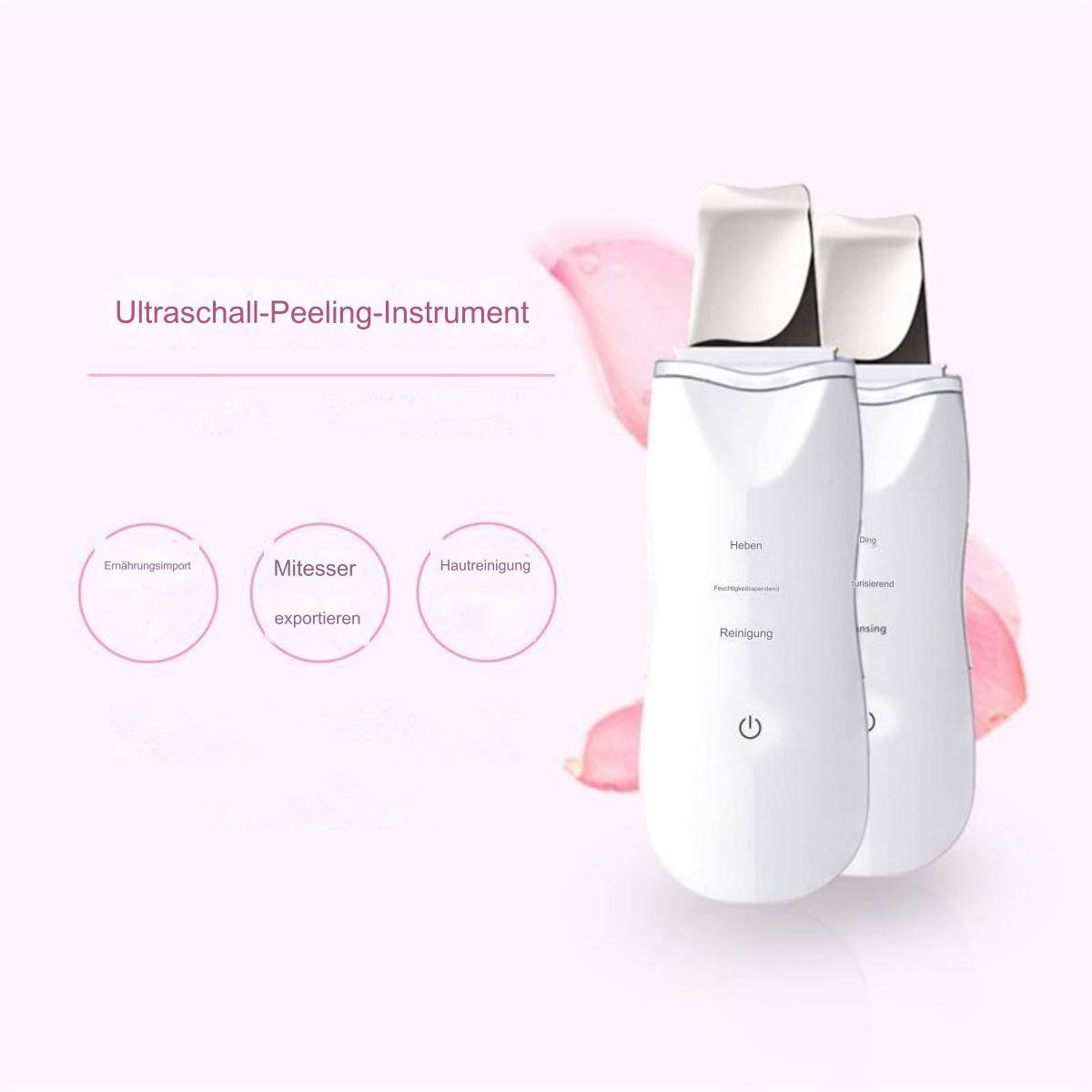 Zwei weiße Ultraschall-Peeling-Instrumente auf rosa Hintergrund. Text: Ultraschall-Peeling-Instrument.