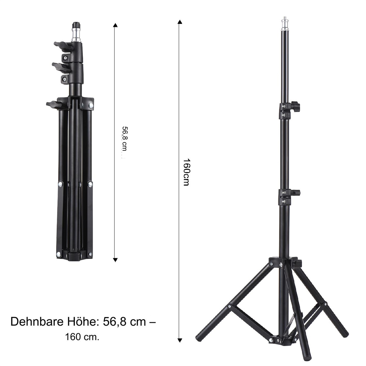Schwarzes Stativ, ausgefahren und zusammengeklappt. Abmessungen: 56,8 cm bis 160 cm.