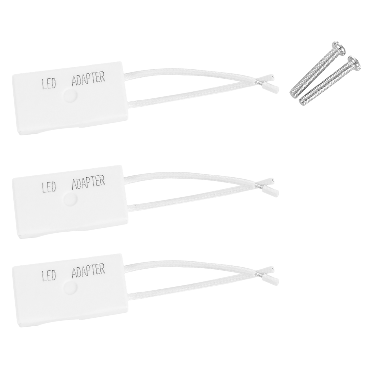 Tre scatole adattatore LED bianche con fili e viti.