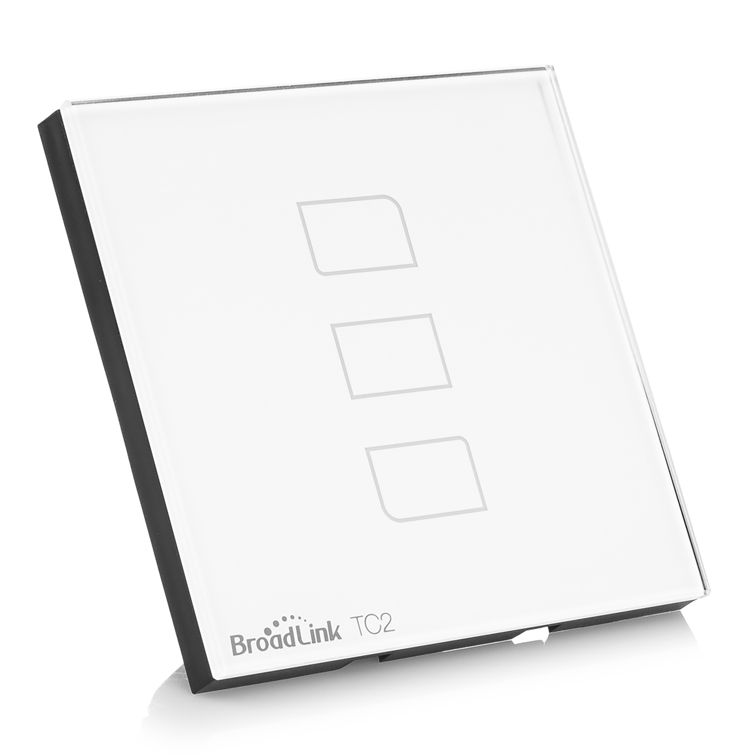 Interruttore intelligente bianco con tre pulsanti touch, con logo BroadLink.