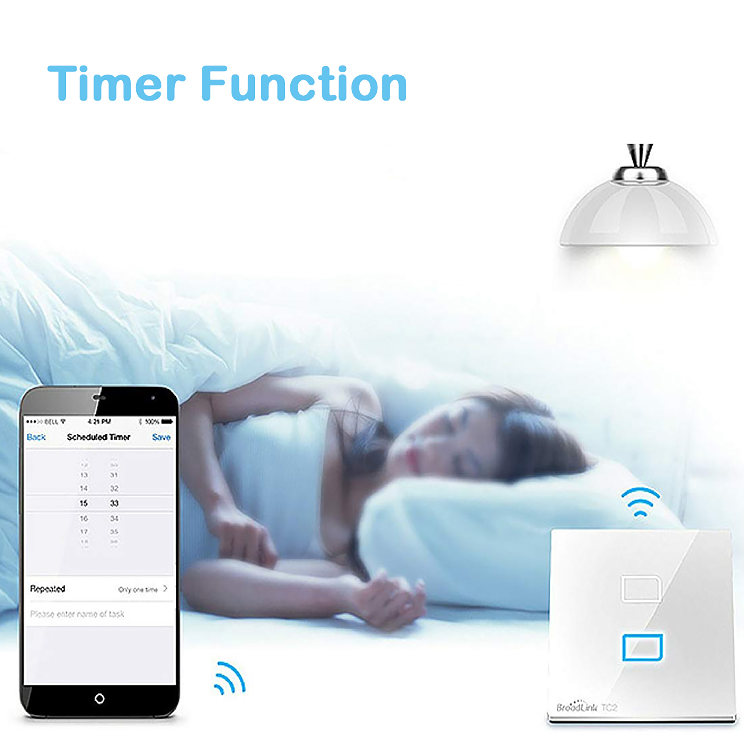 Uno smartphone mostra un'app timer, accanto a un interruttore intelligente e a una donna che dorme.