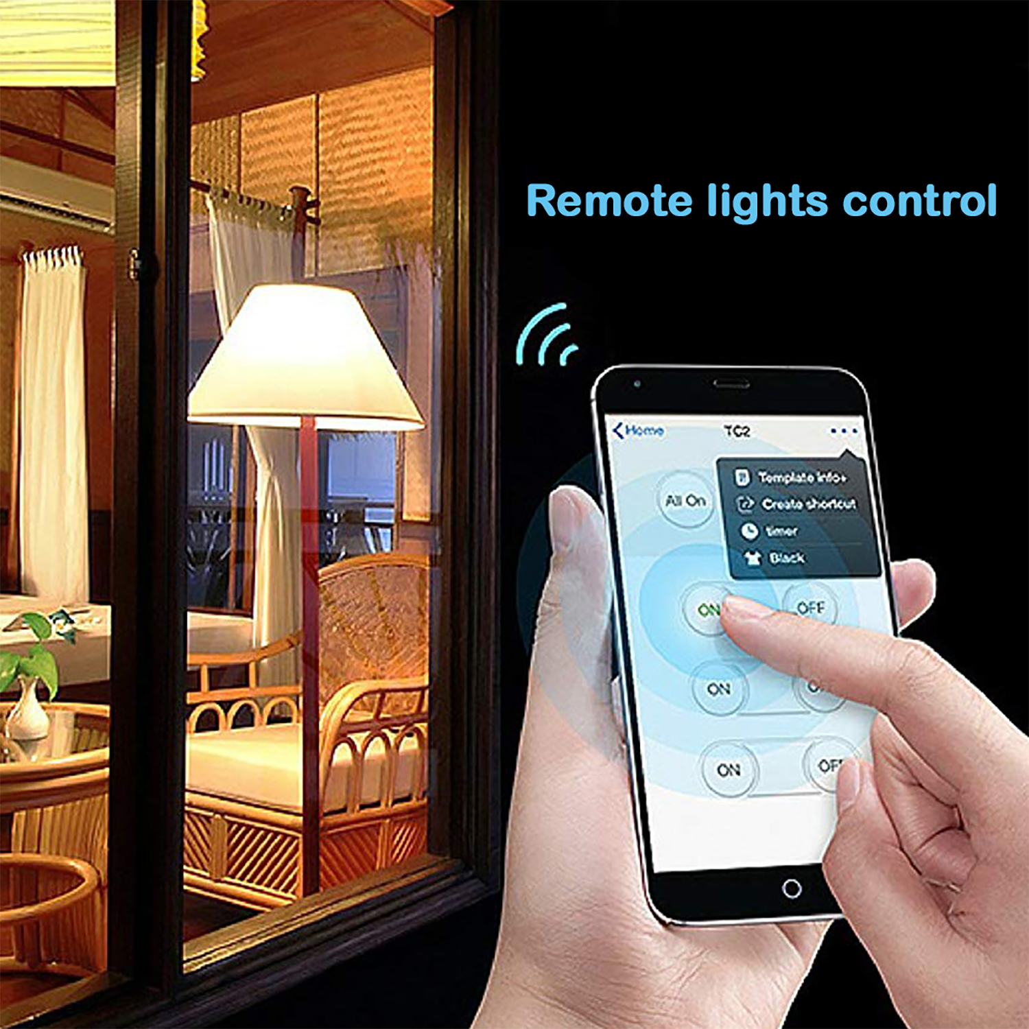 Una mano che tiene un telefono che controlla le luci. Una stanza con una lampada è visibile attraverso una finestra.