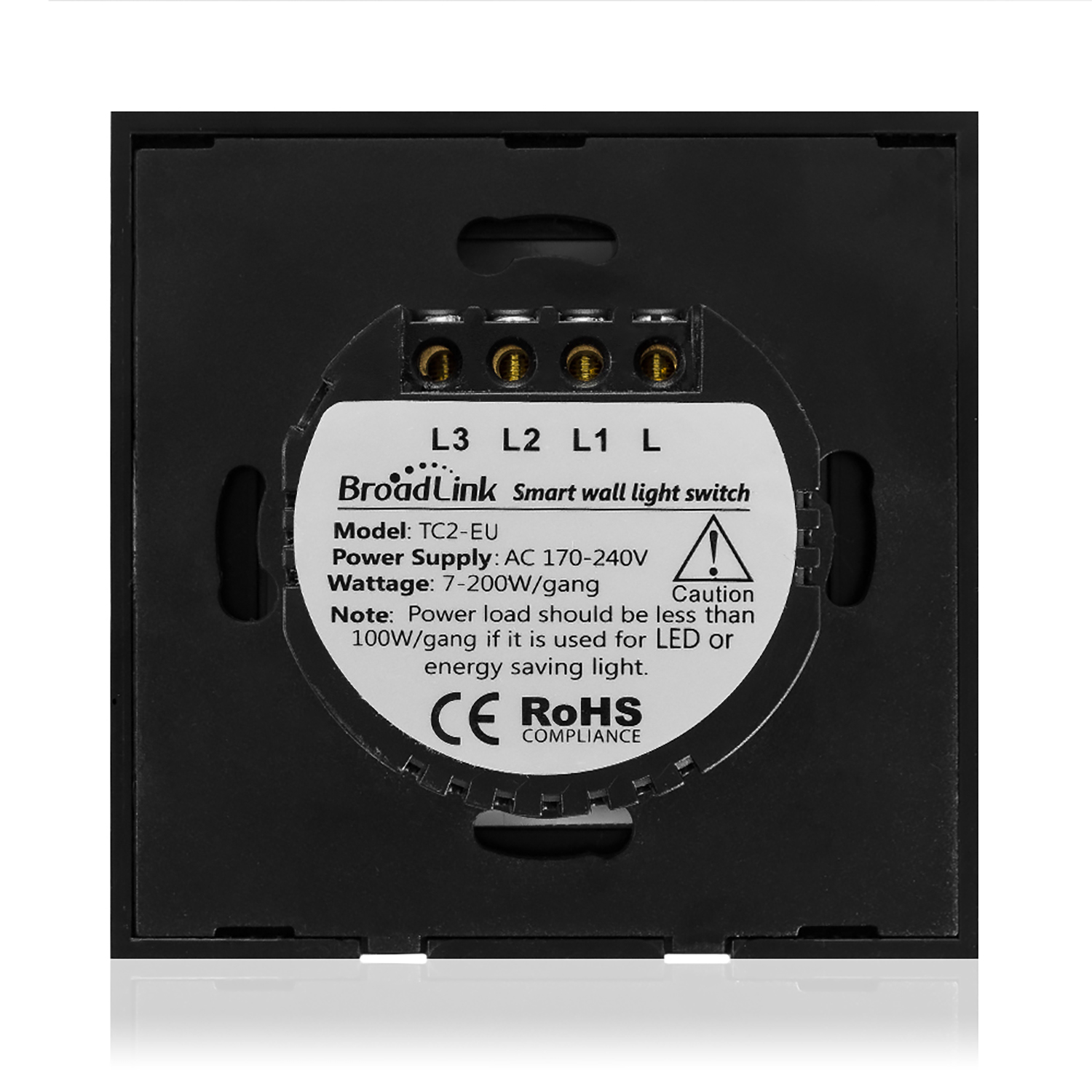 Retro di un interruttore per luce da parete intelligente BroadLink con terminali ed etichetta di attenzione.