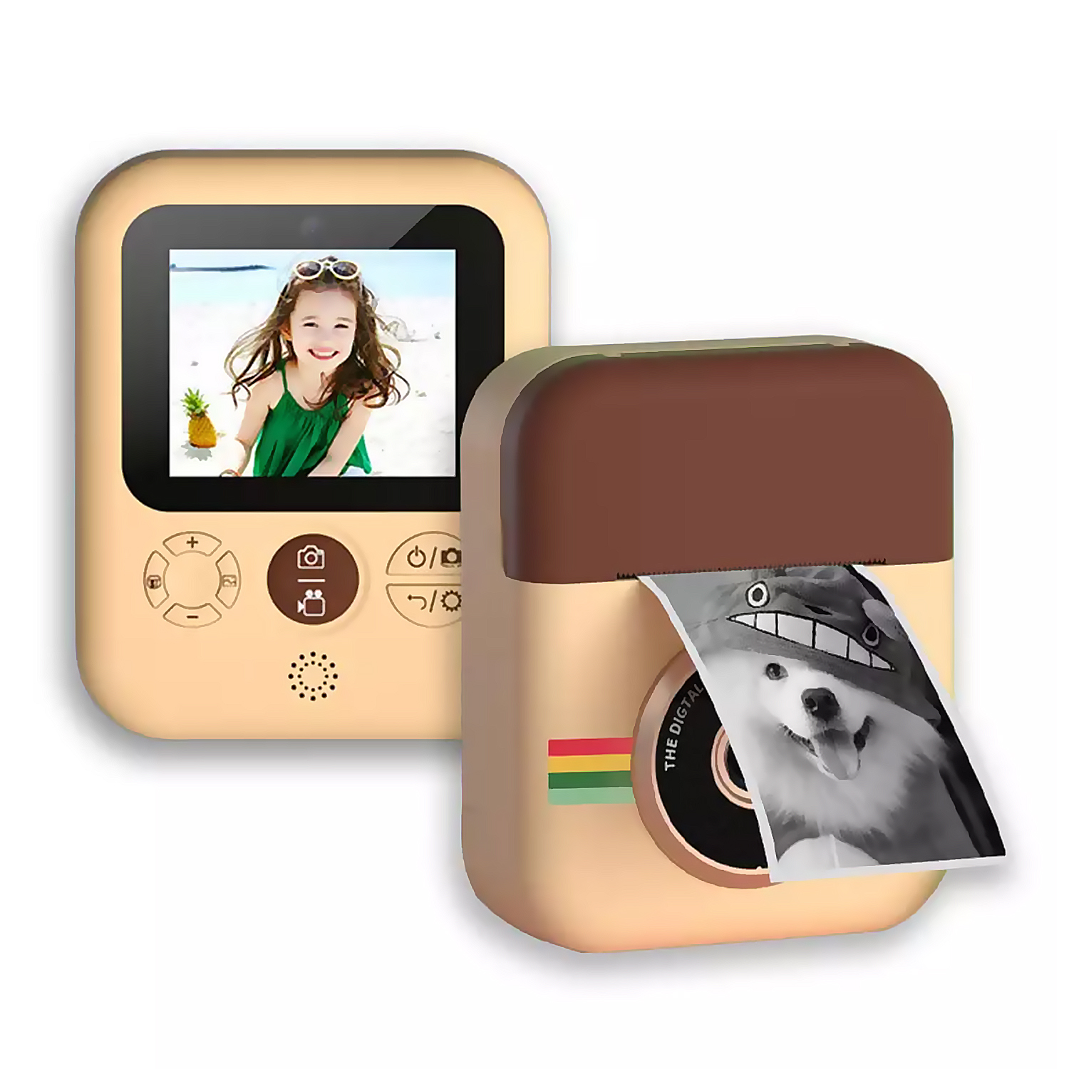 Eine Sofortbildkamera. Sie zeigt ein gedrucktes Foto und hat Knöpfe für verschiedene Einstellungen. Die Kamera ist beige.