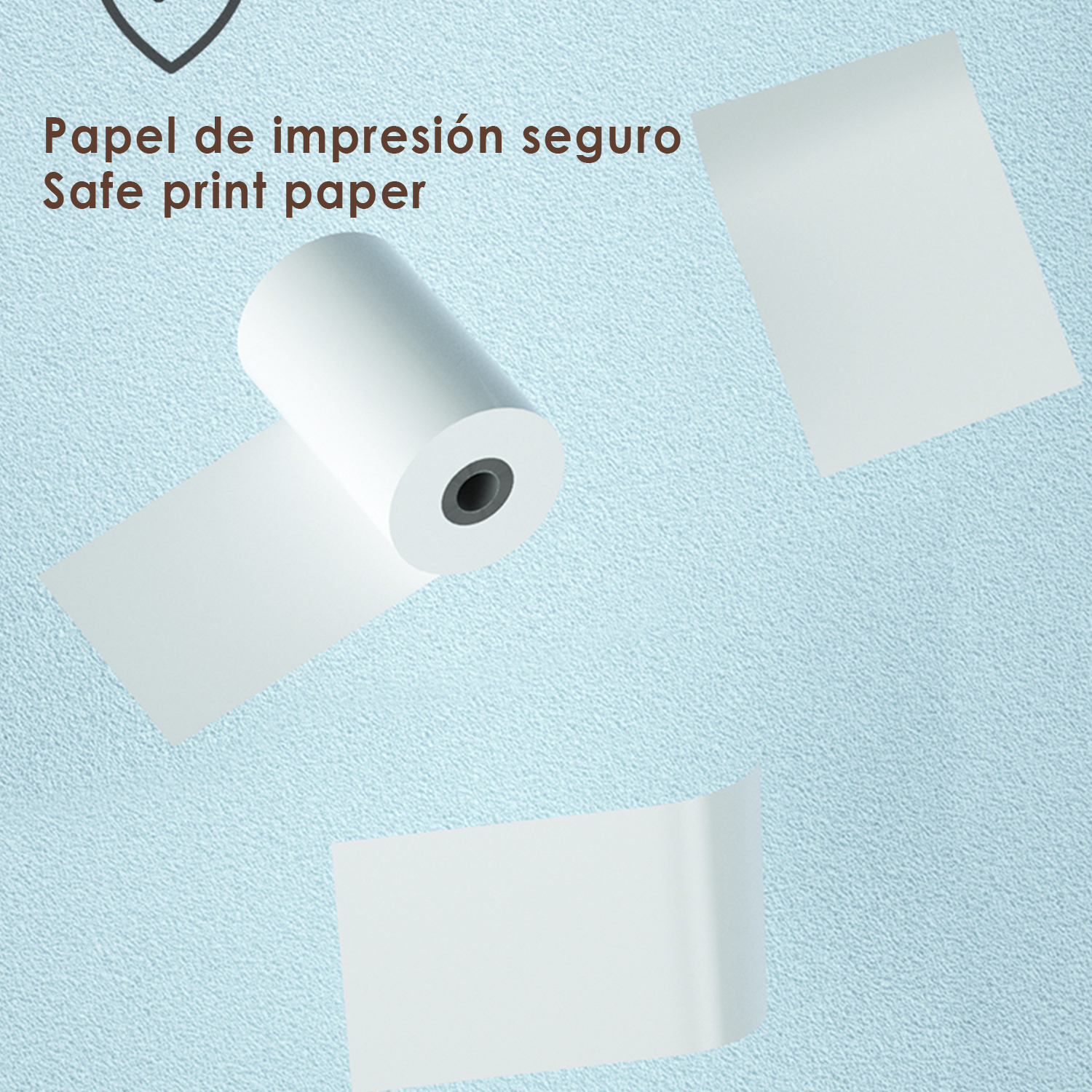 Weiße Papierrolle, die sich abrollt, mit zwei zugeschnittenen Blättern auf blauem Grund mit spanischem Text.